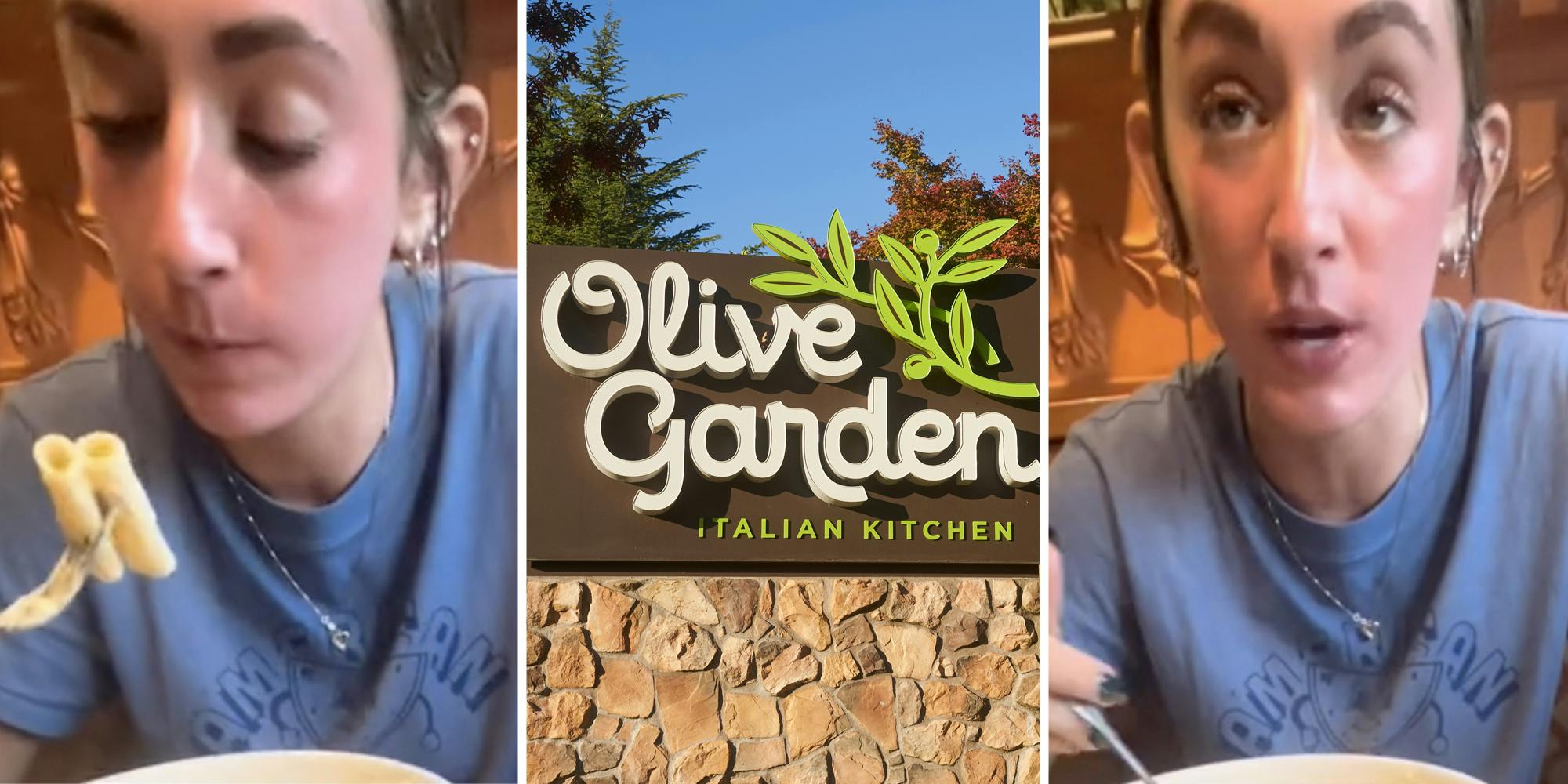 Woman eating(l), Olive Garden sign(c), Woman looking up(r)