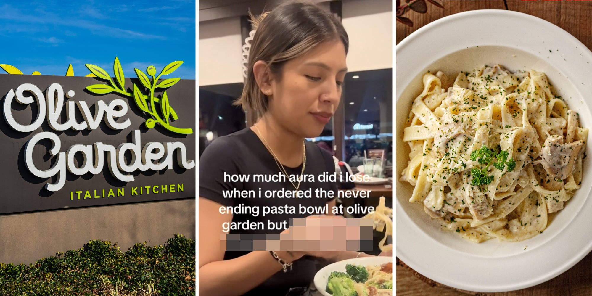 Olive Garden sign(l), Woman eating with text that says 'how much aura did I lose when I ordered the never ending pasta bowl at olive garden but *censored text*'(c), Bowl of fettuccine alfredo (r)