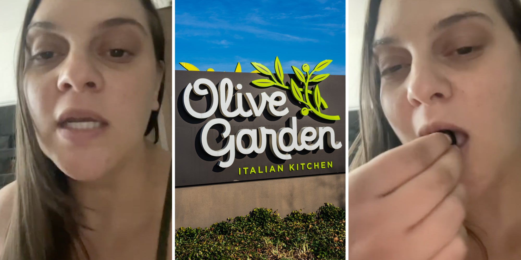 Woman talking(l), Olive Garden sign(c), Woman eating something(r)