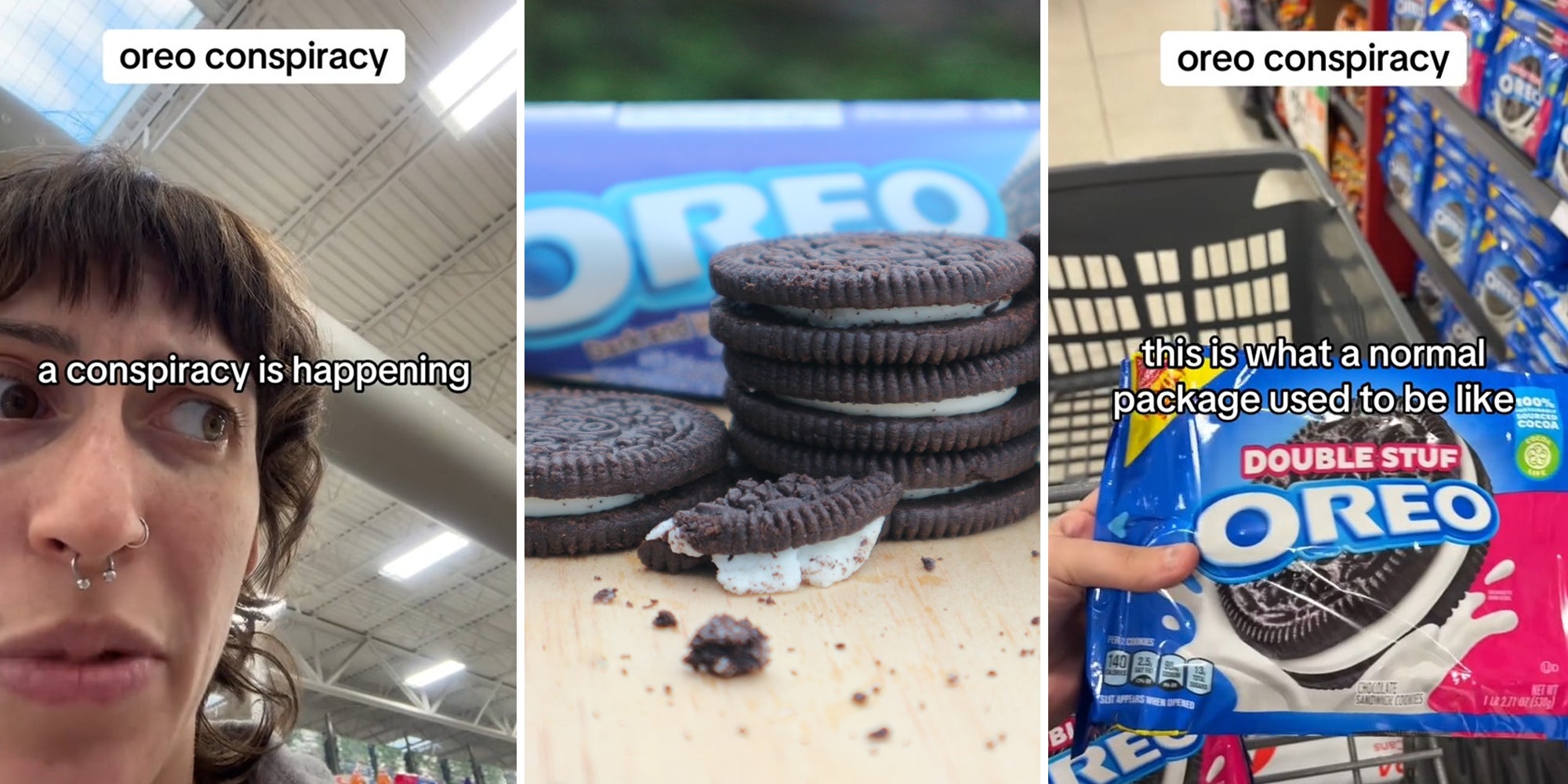 person looking sideways in store(l) Oreos on table (c) Double Stuff Oreo on cart(r)