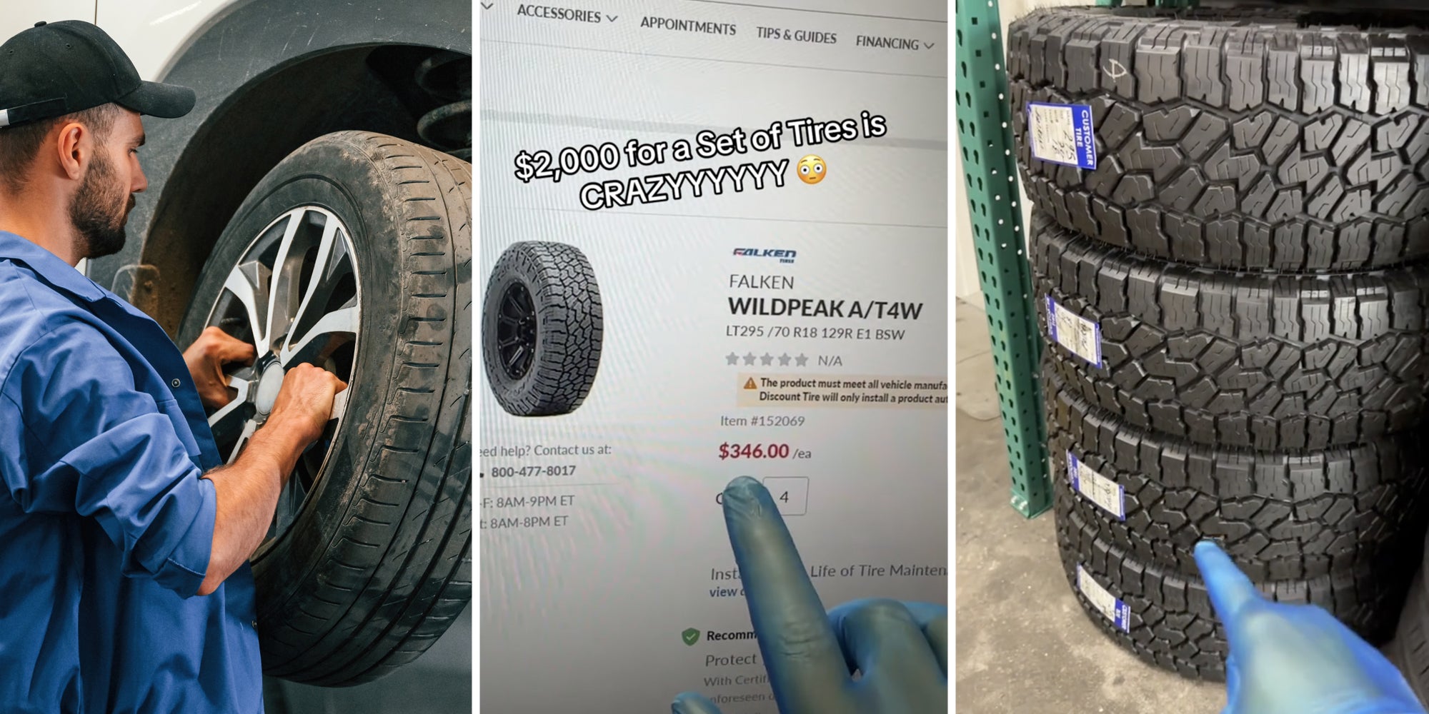 Man replacing tire(l), Finger pointing to Discount Tires website(c), Finger pointing to new tires(r)