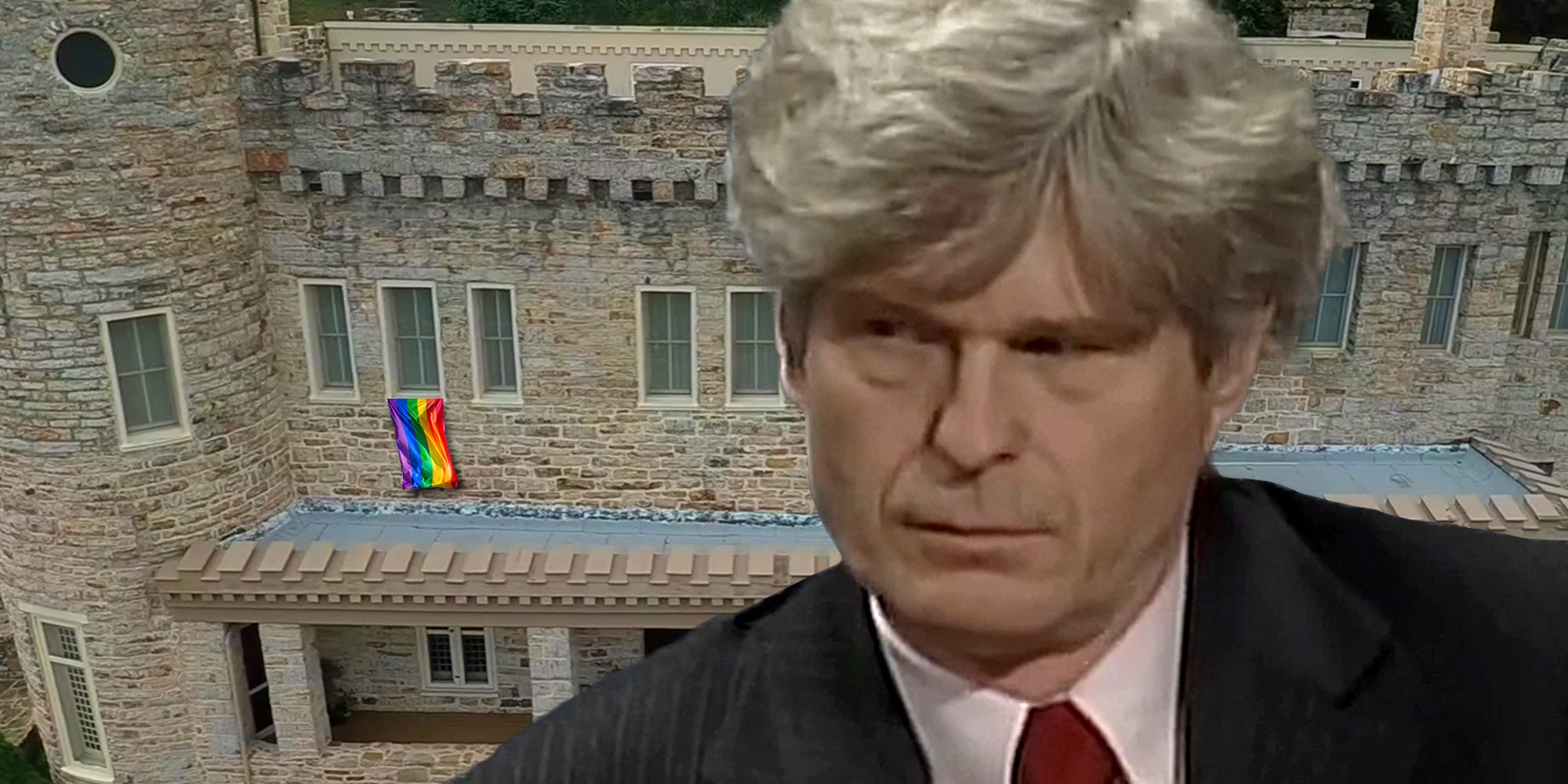 Peter Brimelow in front of castle with pride flag