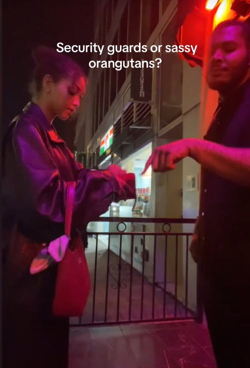 Pointing orangutan meme about showing ID to security guards at the club.