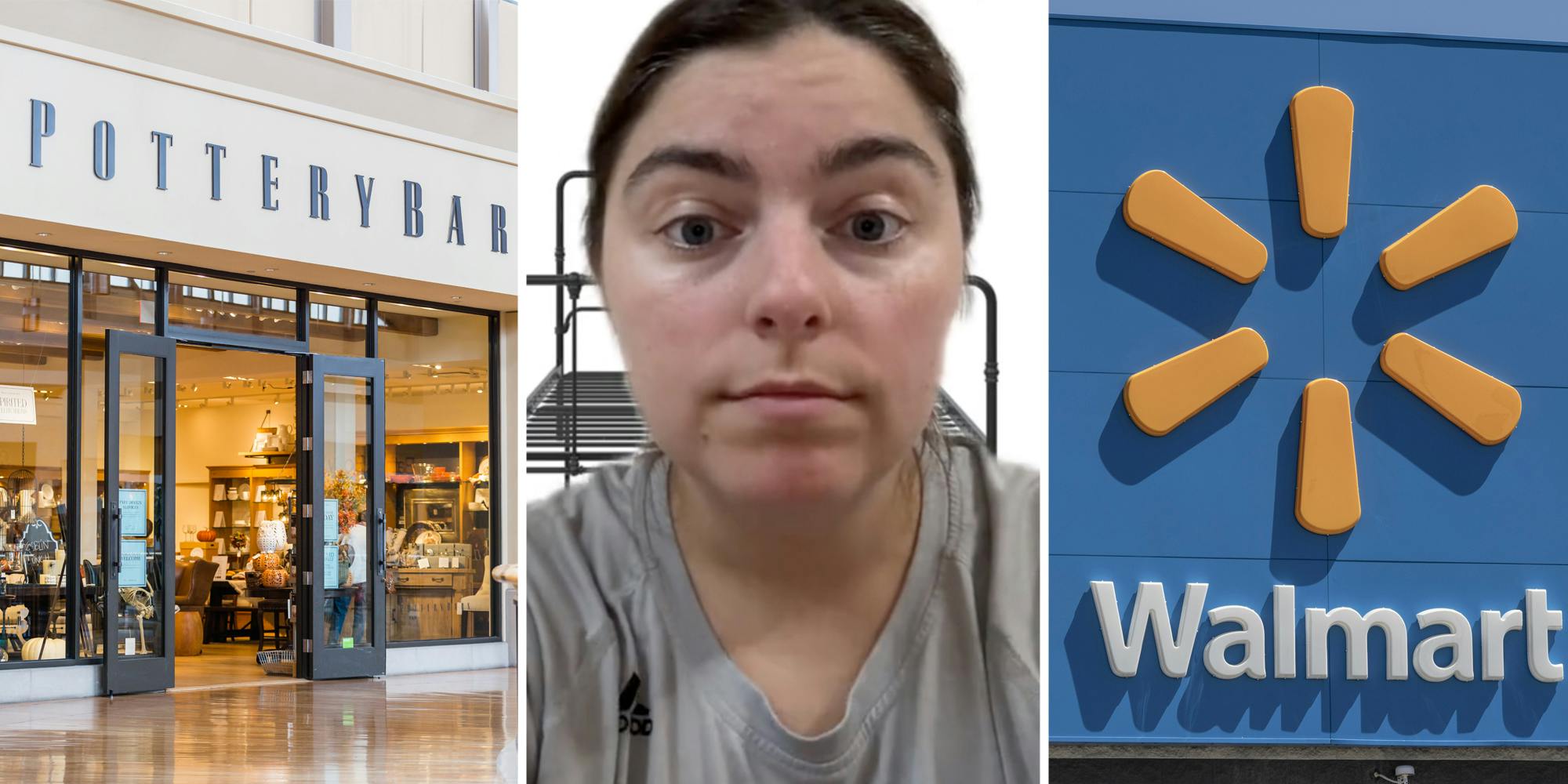 Pottery Barn store front(l), Woman talking(c), Walmart(r)