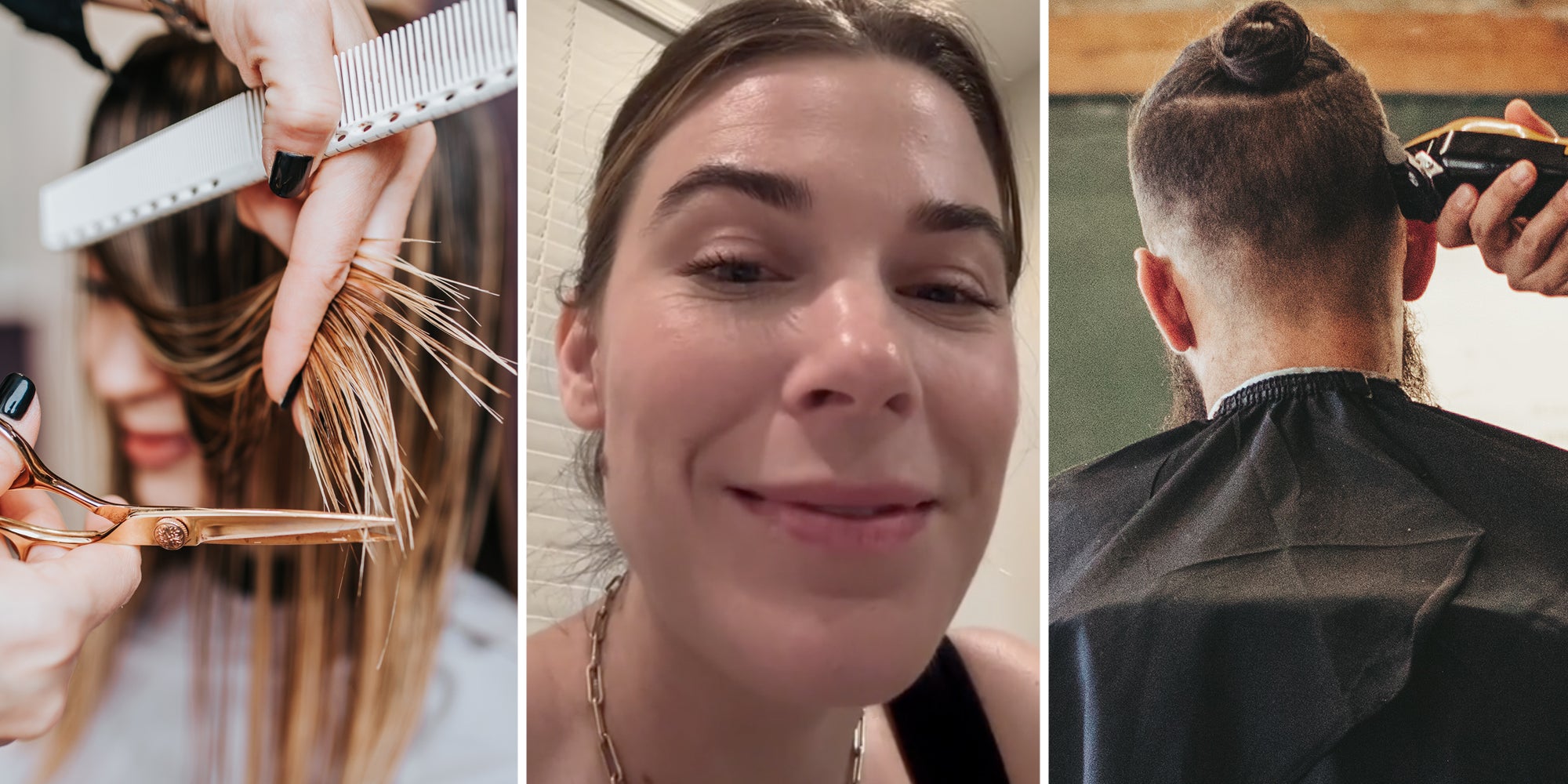 Woman getting hair cut(l), Woman smiling(c), Man getting haircut(r)