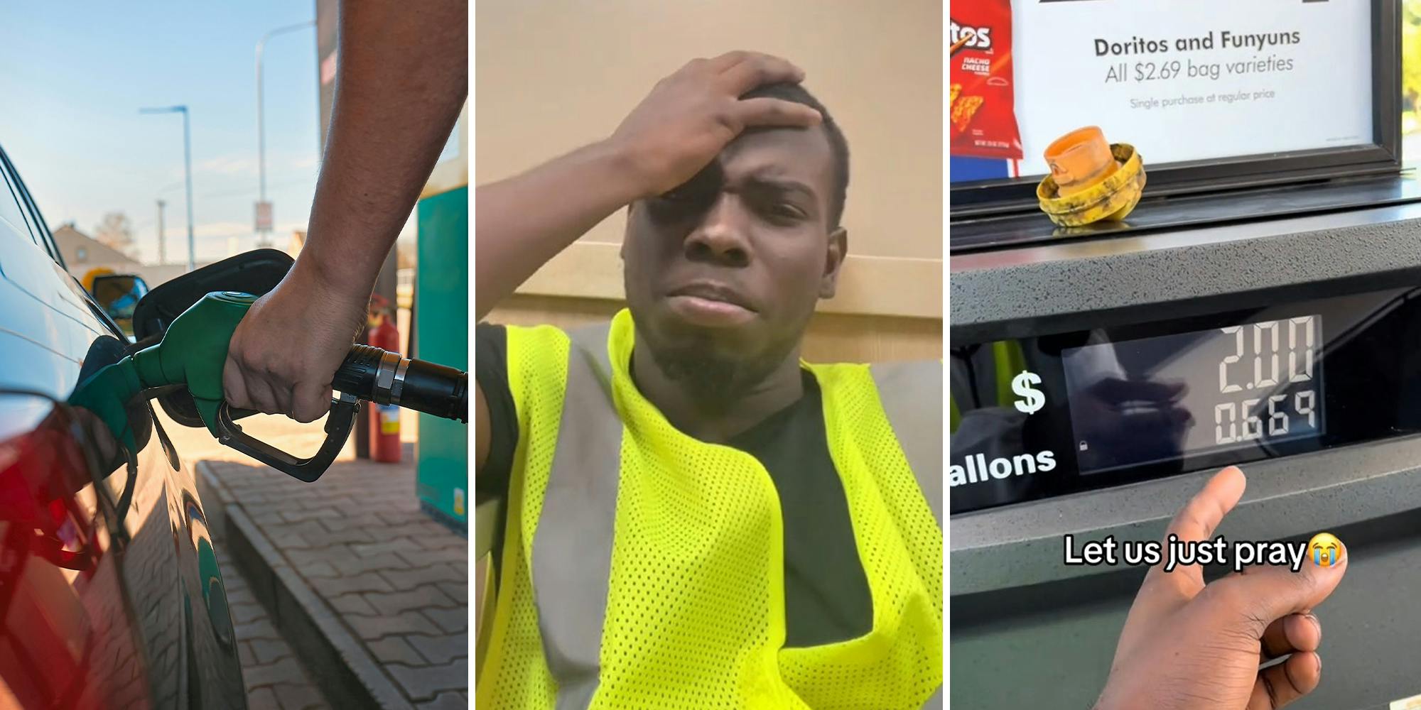 Pumping Gas(l) man holding his head with disappointment(c) Finger pointed at $2 gas pump charge