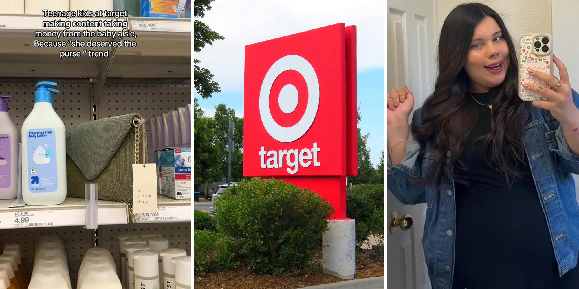 purse on baby section shelf(l) Target Sign(c) Woman holding up phone Infront of mirror(r)