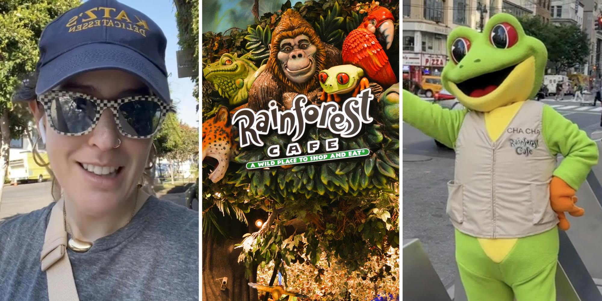 rainforest cafe new york Woman talking(l), Rainforest cafe(c), Rainforest Cafe mascot(r)