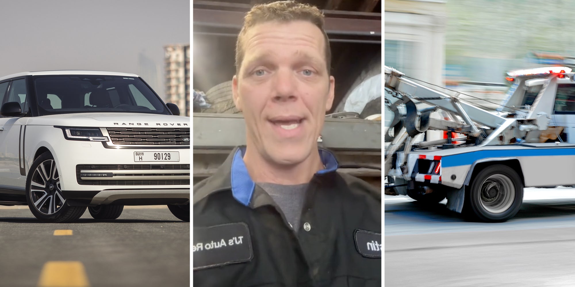 Range Rover(l), man talking(c), Tow Truck(r)