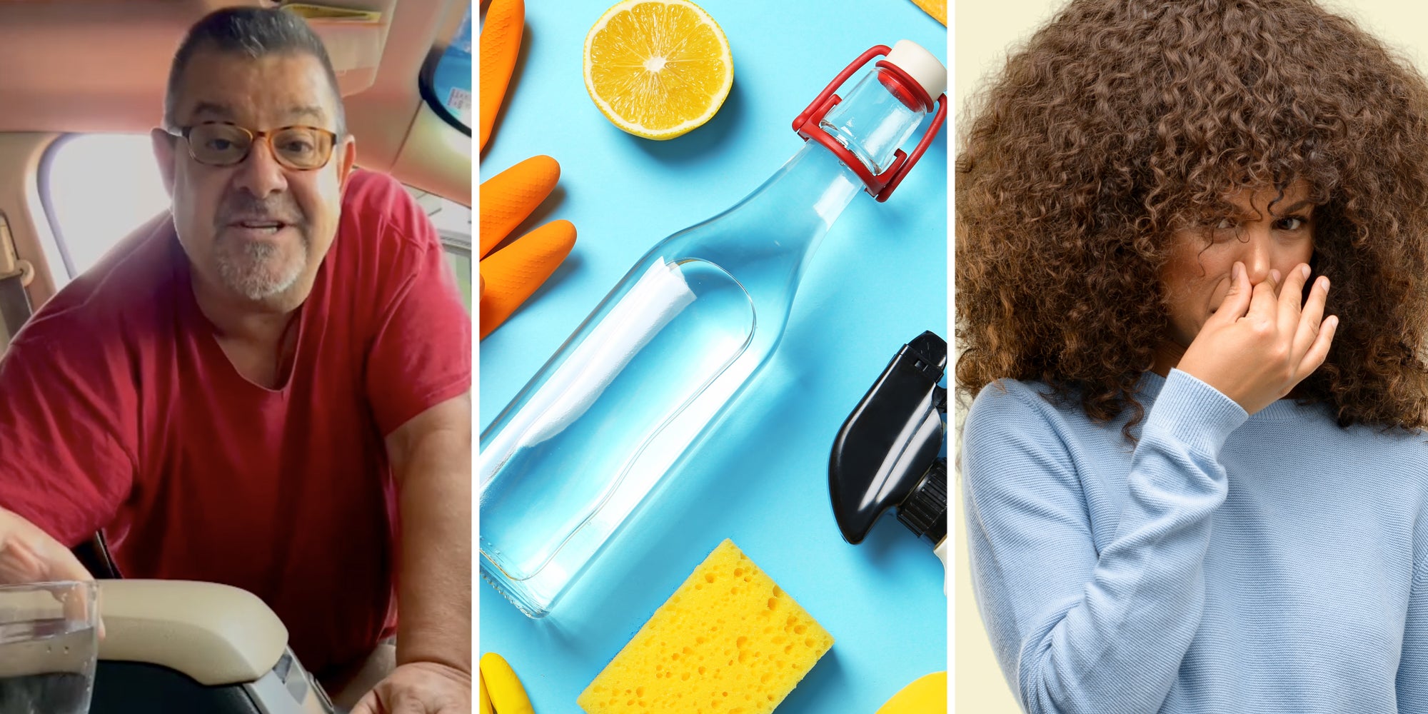 Man talking with cup of vinegar(l), Vinegar bottle and cleaing supplies(c), Woman holding her nose(r)