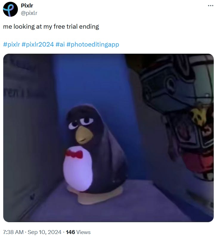 Sad Penguin meme about free trials ending.