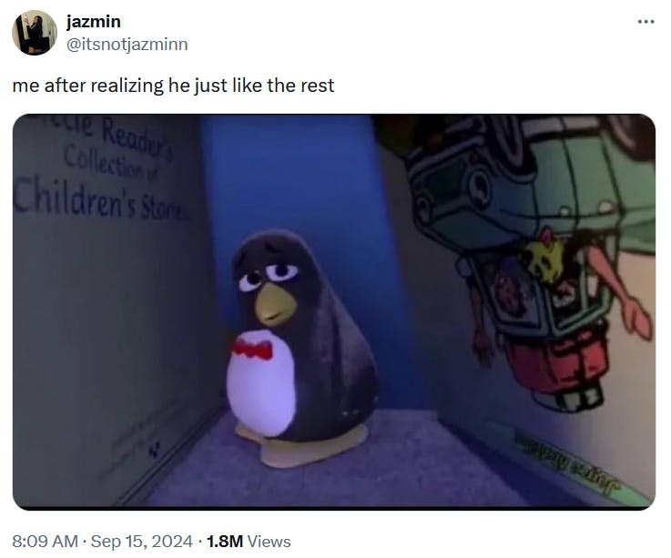 Sad Penguin meme about relationship disappointment.