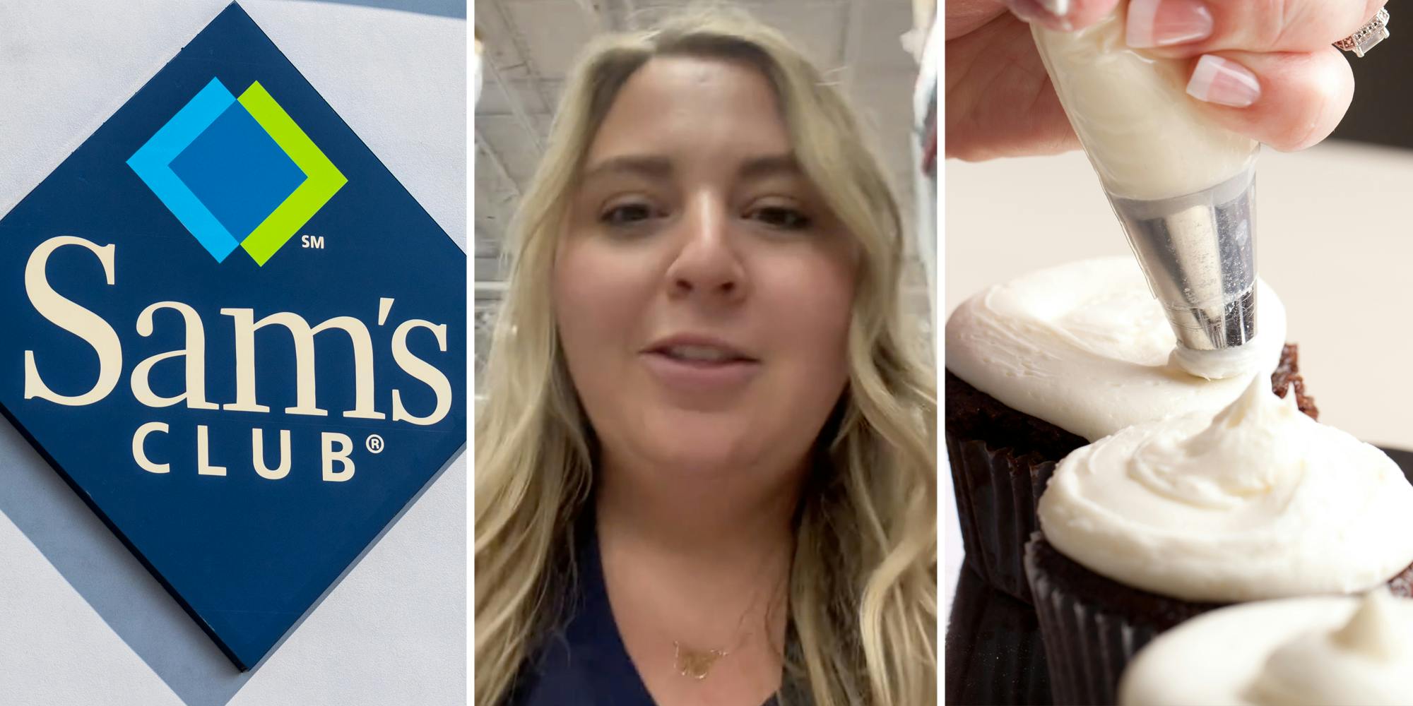 Sam's club sign(l), Woman talking(c), Hand icing cupcakes(r)