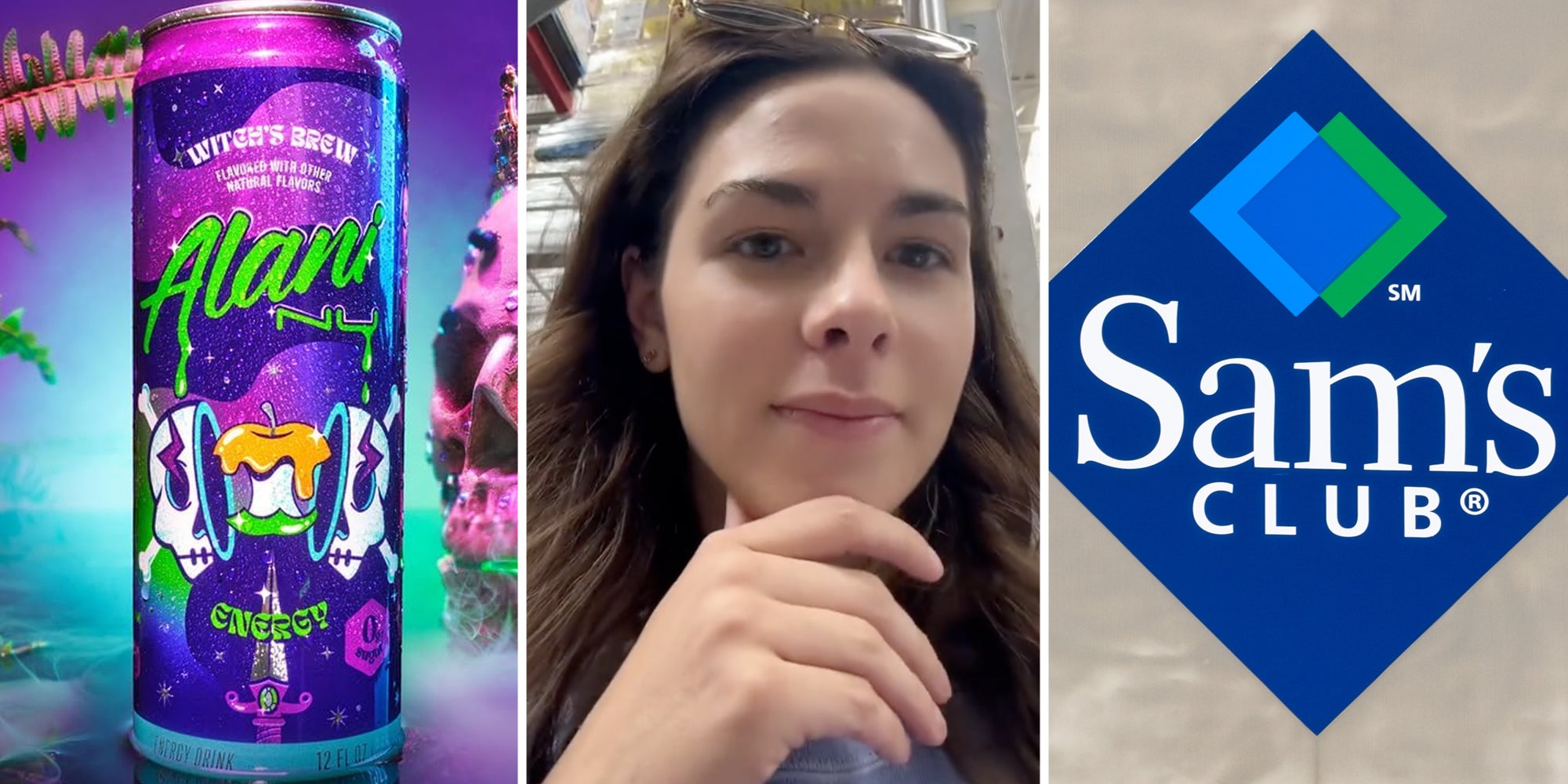 Can of Alani Nu Witch's Brew(L), Woman looking at camera(c), Sam's club logo(r)
