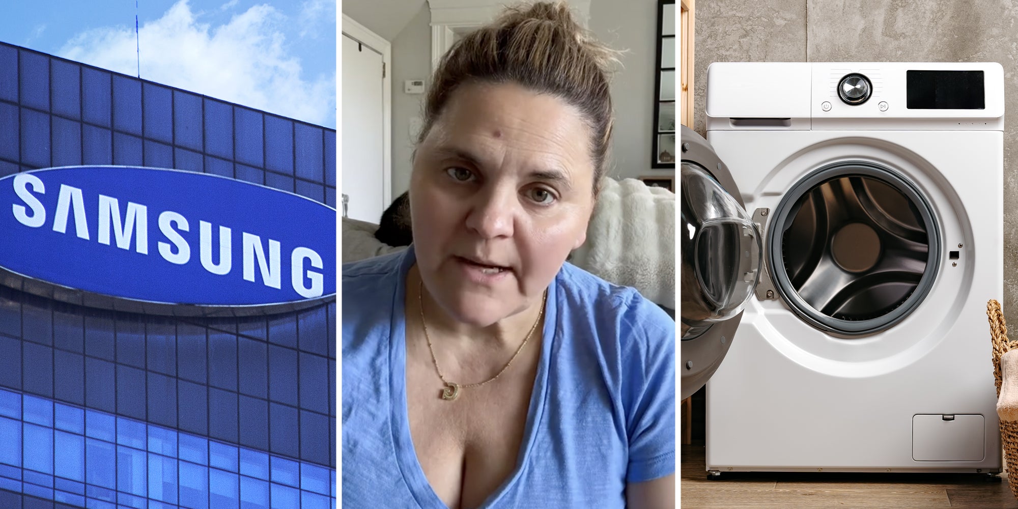 Samsung logo on building(l), Woman talking(c), Washing Machine(r)