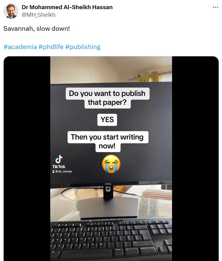 Savannah slow down meme about publishing papers.
