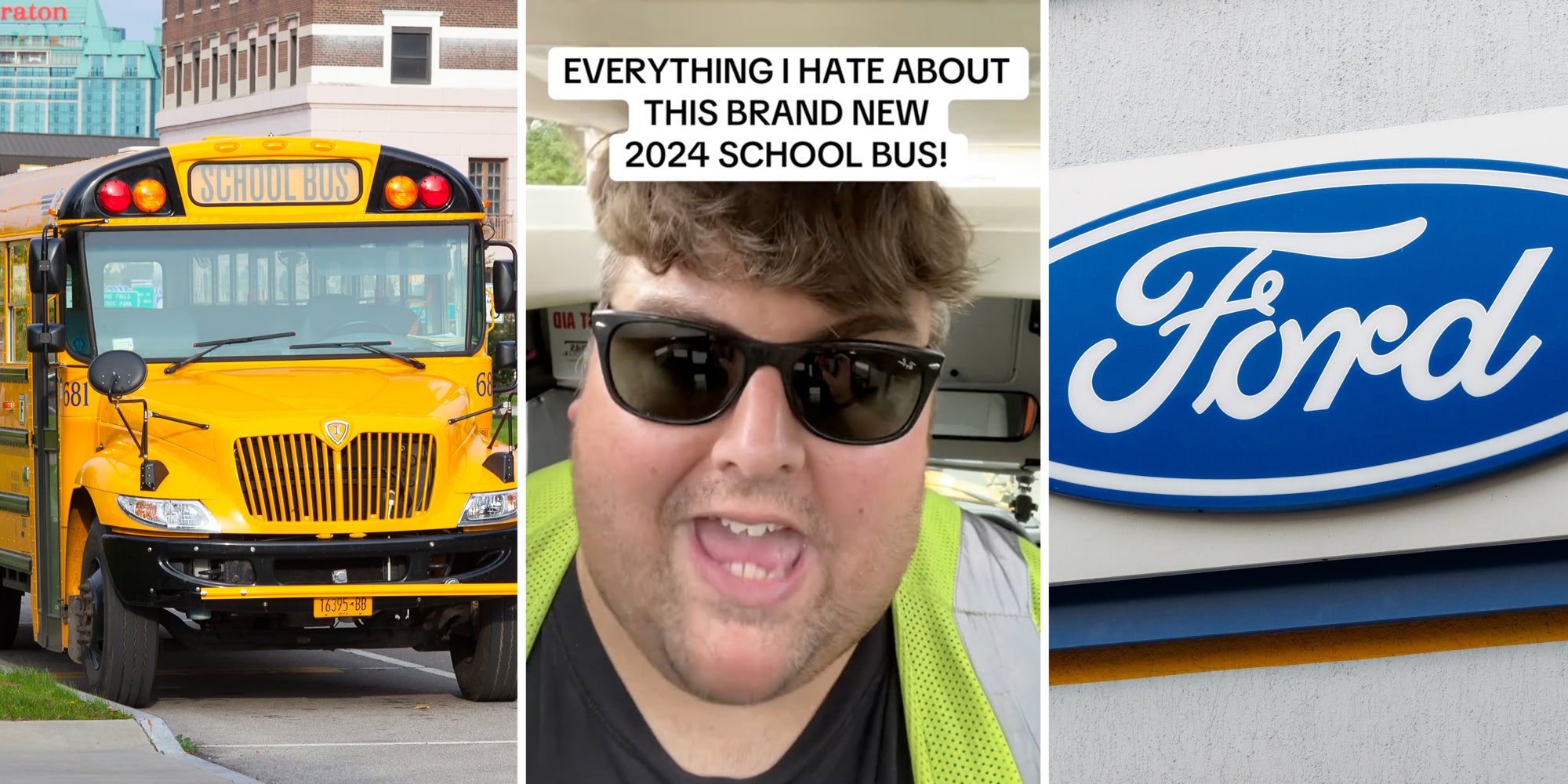Yellow School bus(l), Bus driver talking with text that says 'everything i hate about this brand new 2024 school bus!'(c), Ford sign(r)