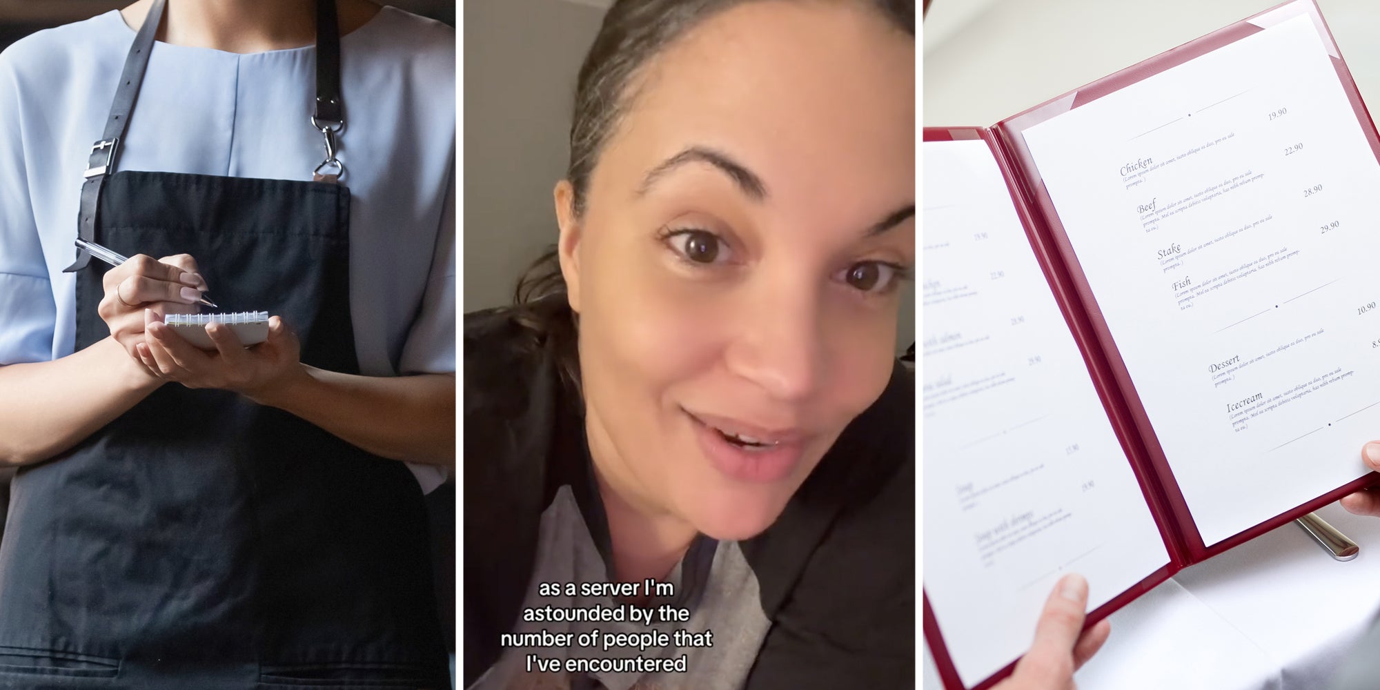 Waitress taking order(l), Woman talking with text that says 'As a server I'm astounded by the number of people that I've encountered'(c), Hands holding menu(r)
