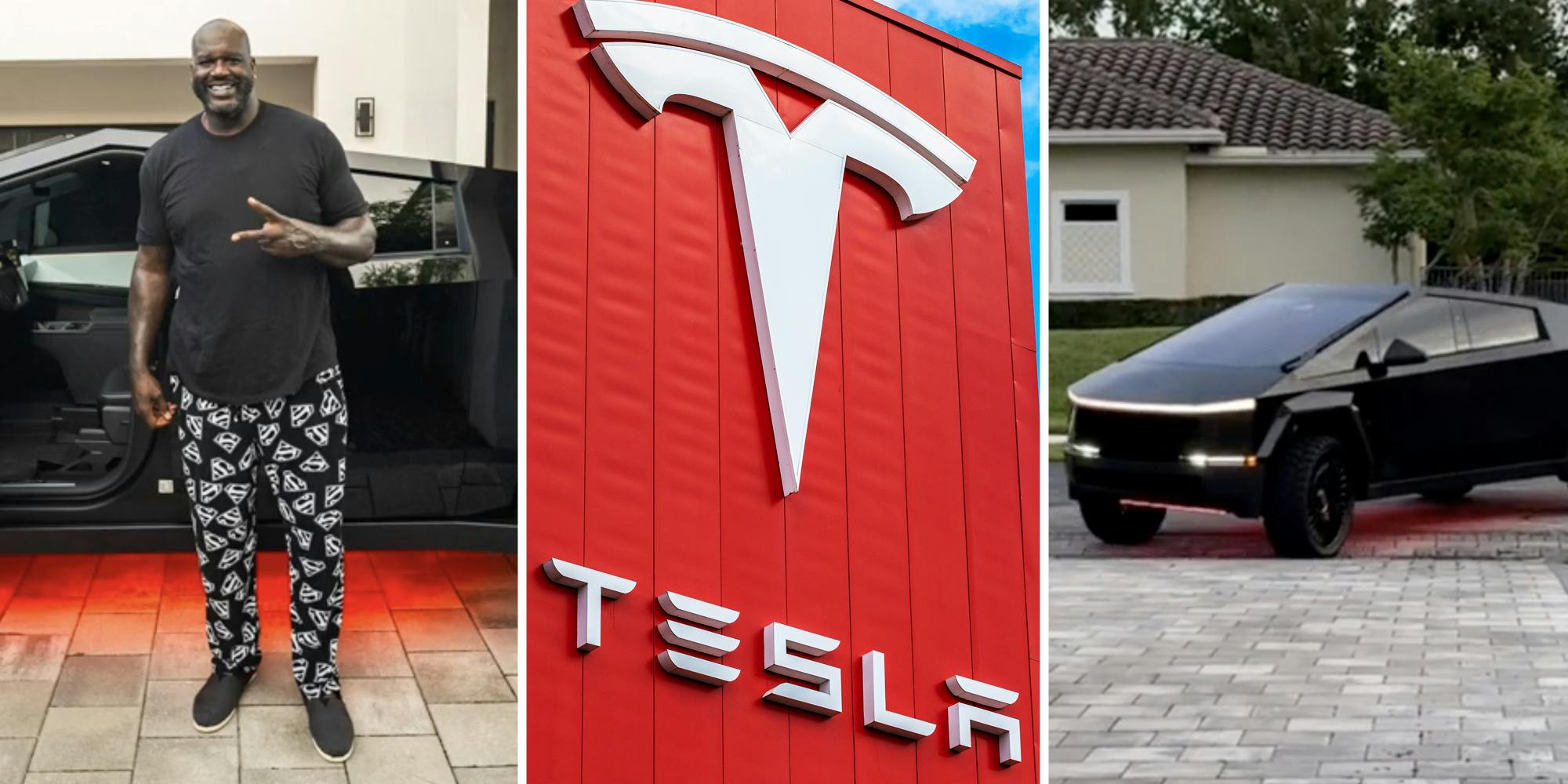 Shaq posing with cybertruck(l), Tesla sign(c), Tesla cybertruck pulling into driveway(r)