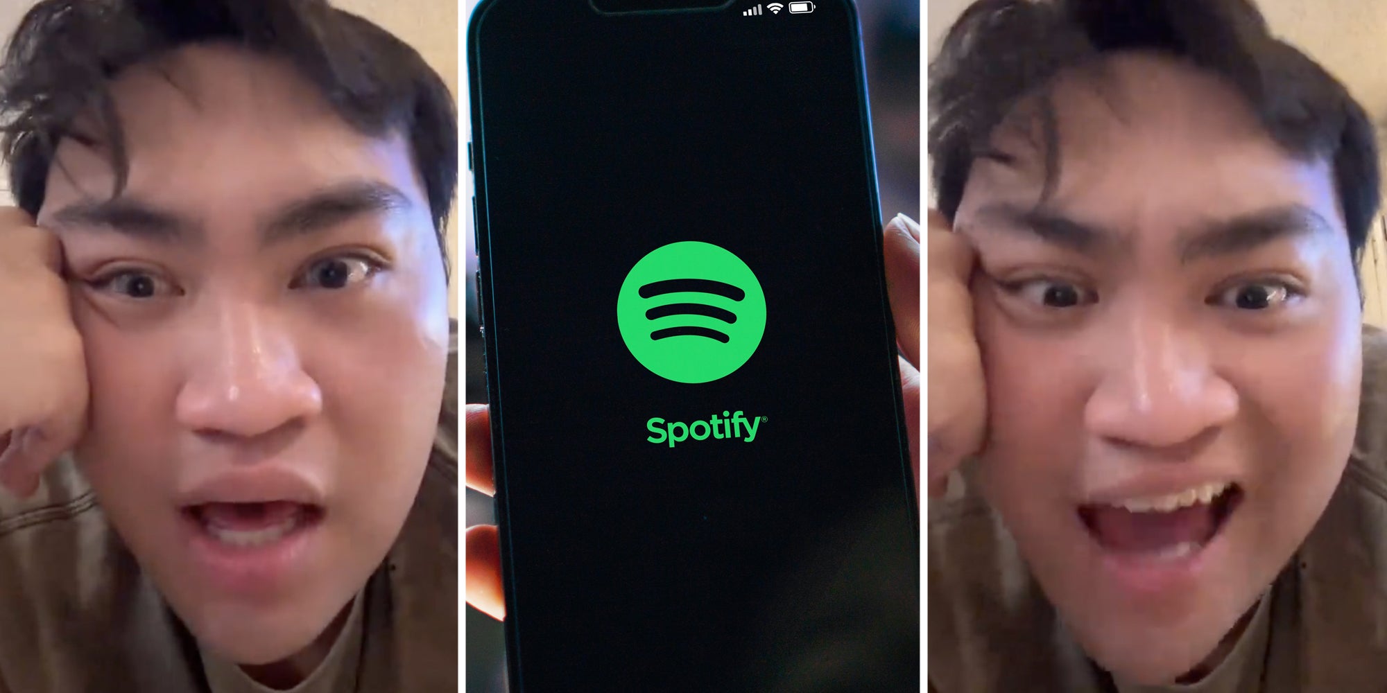 Man talking(l+r), Hand holding phone with spotify logo(c)
