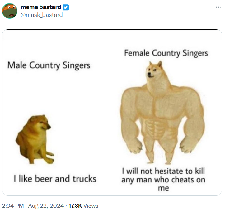 Swole Doge vs Cheems meme about male and female country singers.