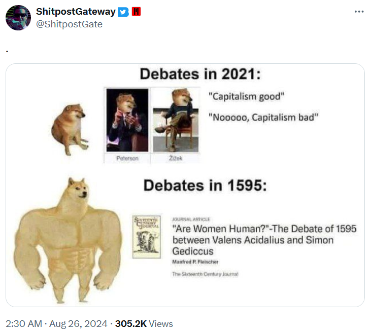 Swole Doge vs Cheems meme about debates during different time periods.