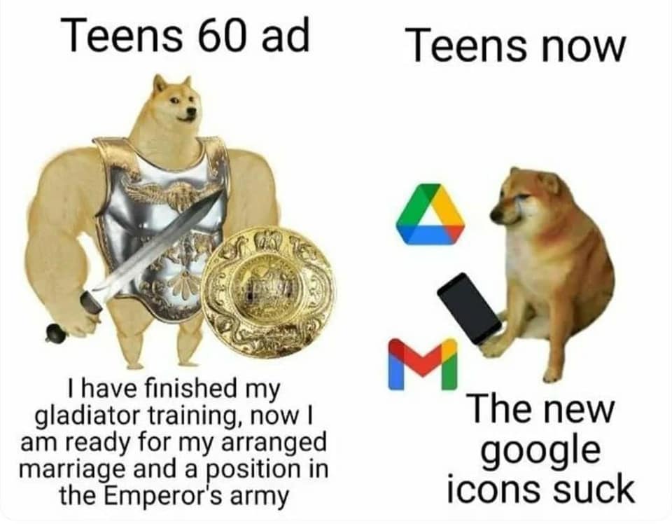 Swole Doge vs Cheems meme about teenagers in different time periods.