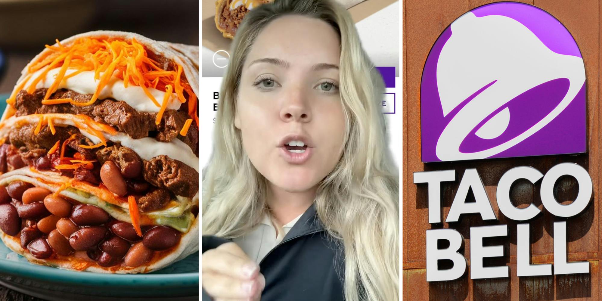 Beefy 5-Layer Burrito: Taco Bell’s five-layer burrito with seasoned beef, nacho cheese, sour cream, beans, and shredded cheese, wrapped in a flour tortilla.(l), Woman talking(c), Taco Bell sign(r)