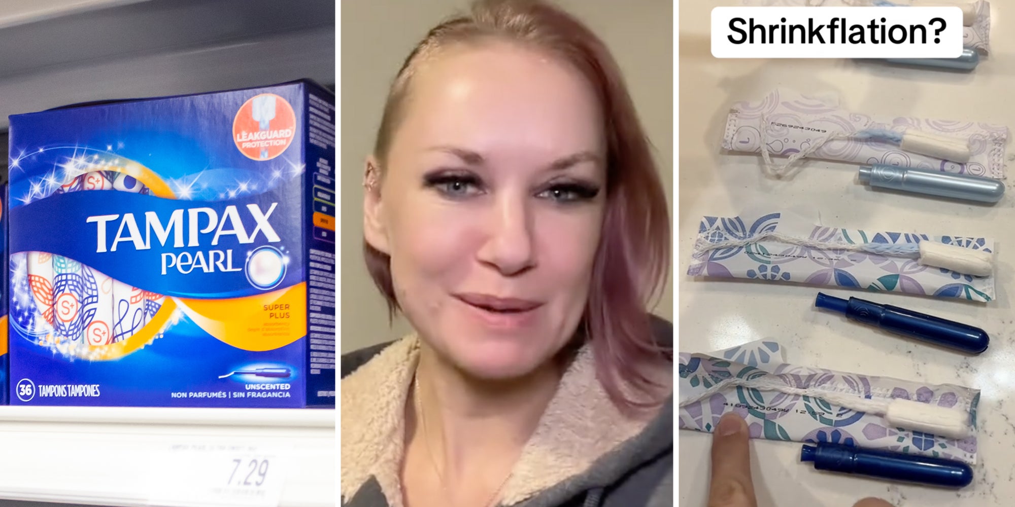 Tampax box(l), Woman talking(c), Tampons lined up outside of packages(r)