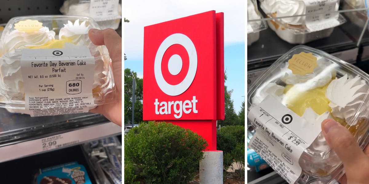 baked good in hand at store (l) Target sign (c) baked good in hand at store (r)