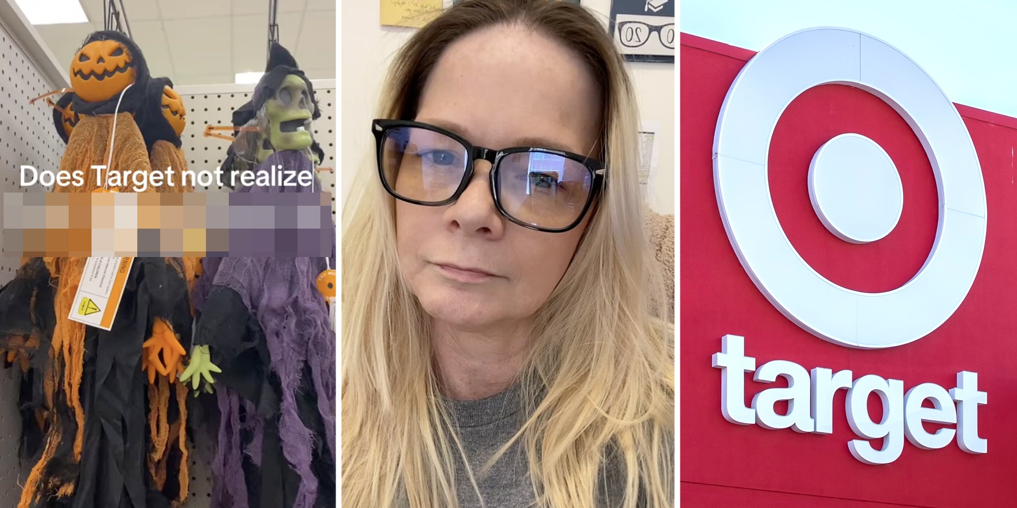 Halloween Decorations(l), Woman talking(c), Target logo(r)