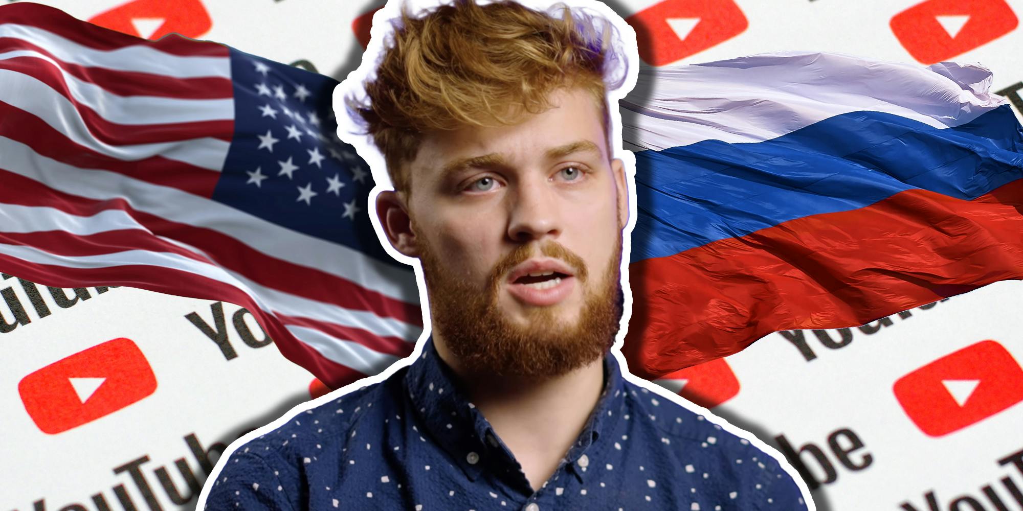 Taylor Hansen with American Flag and Russian Flag and youtube logo