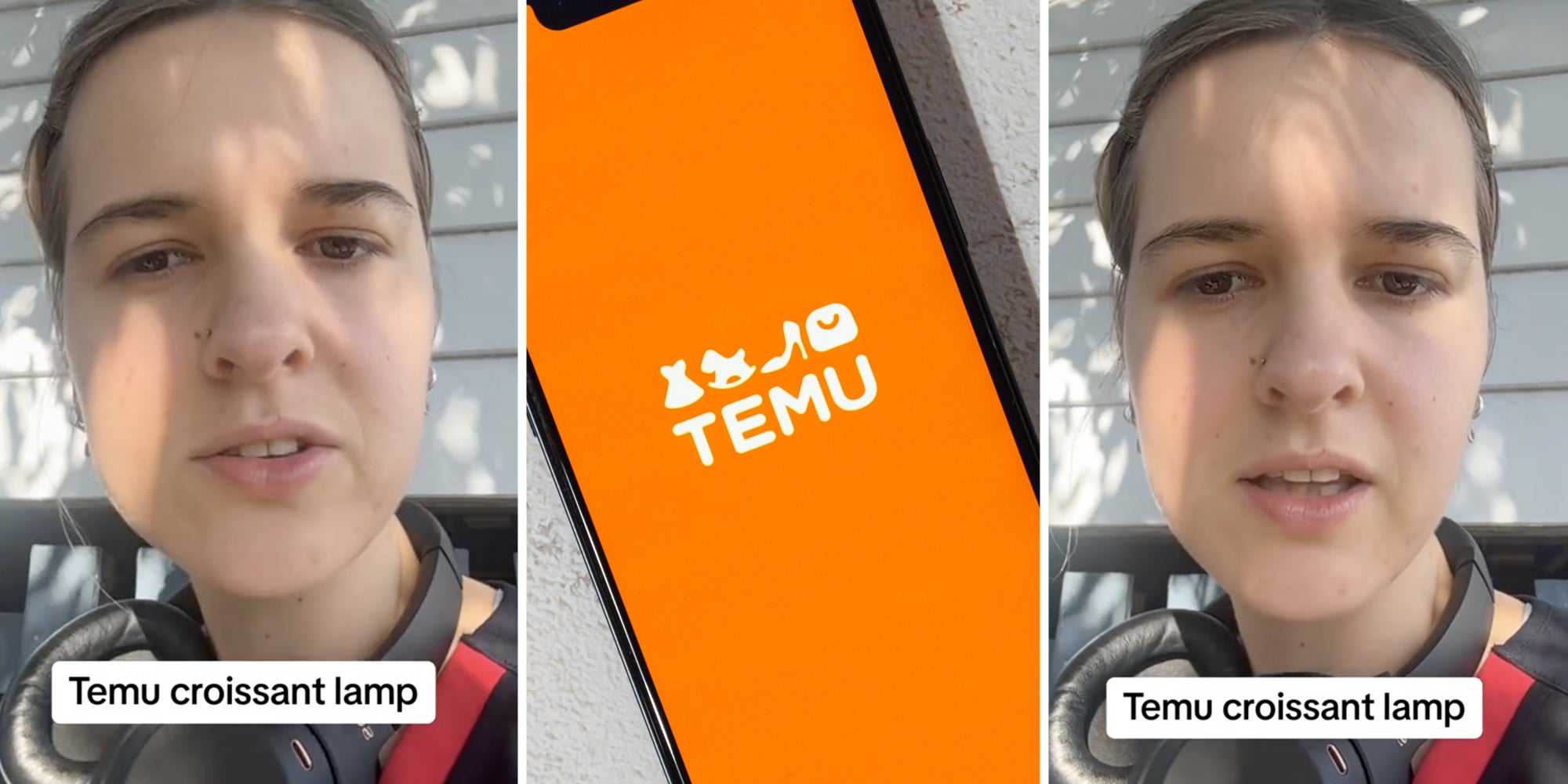 Woman talking(l+r), Phone with temu app(c)