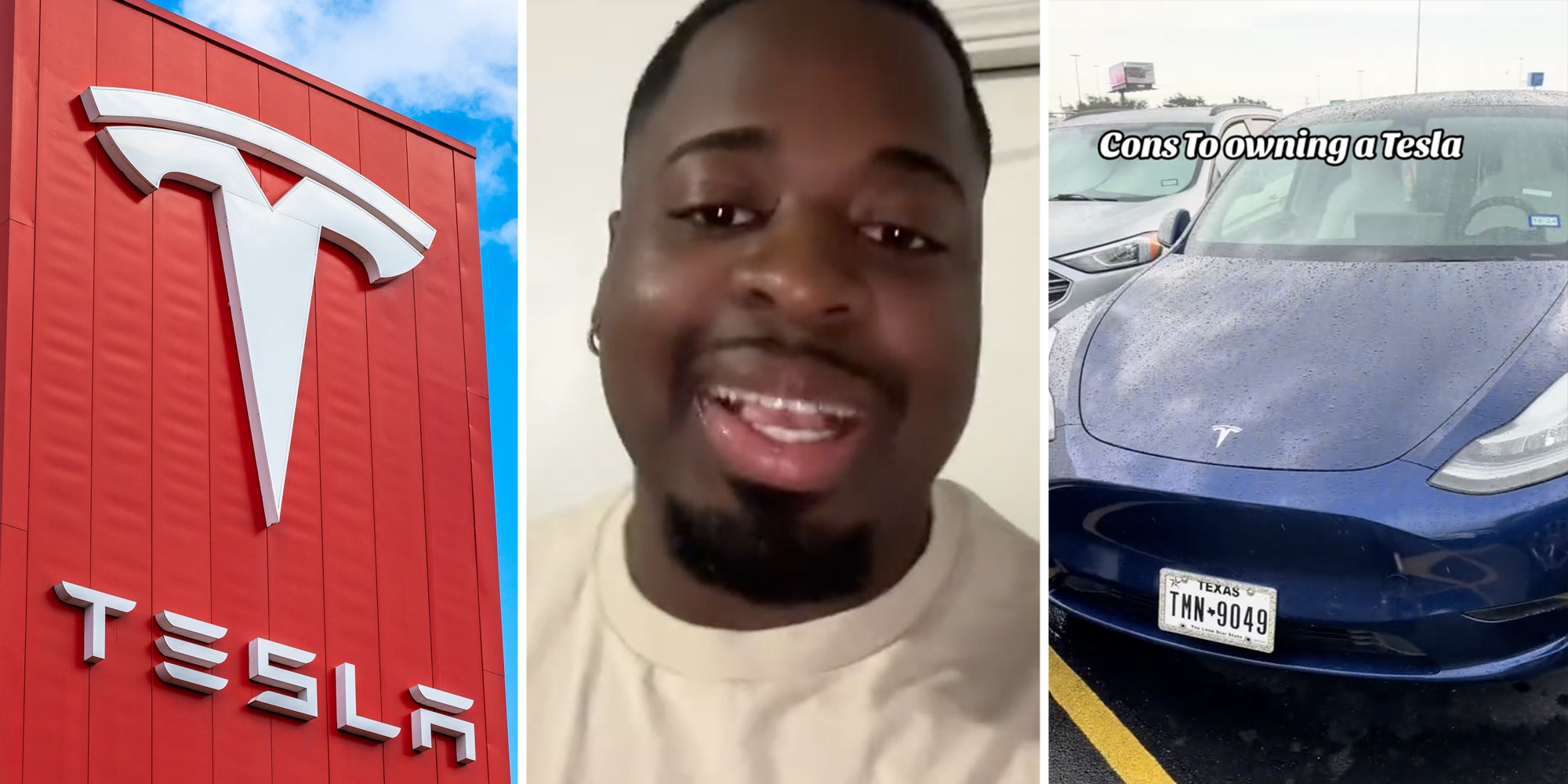Tesla(l), Man talking(c), Tesla car with text that says 'Cons to owning a tesla'(r)