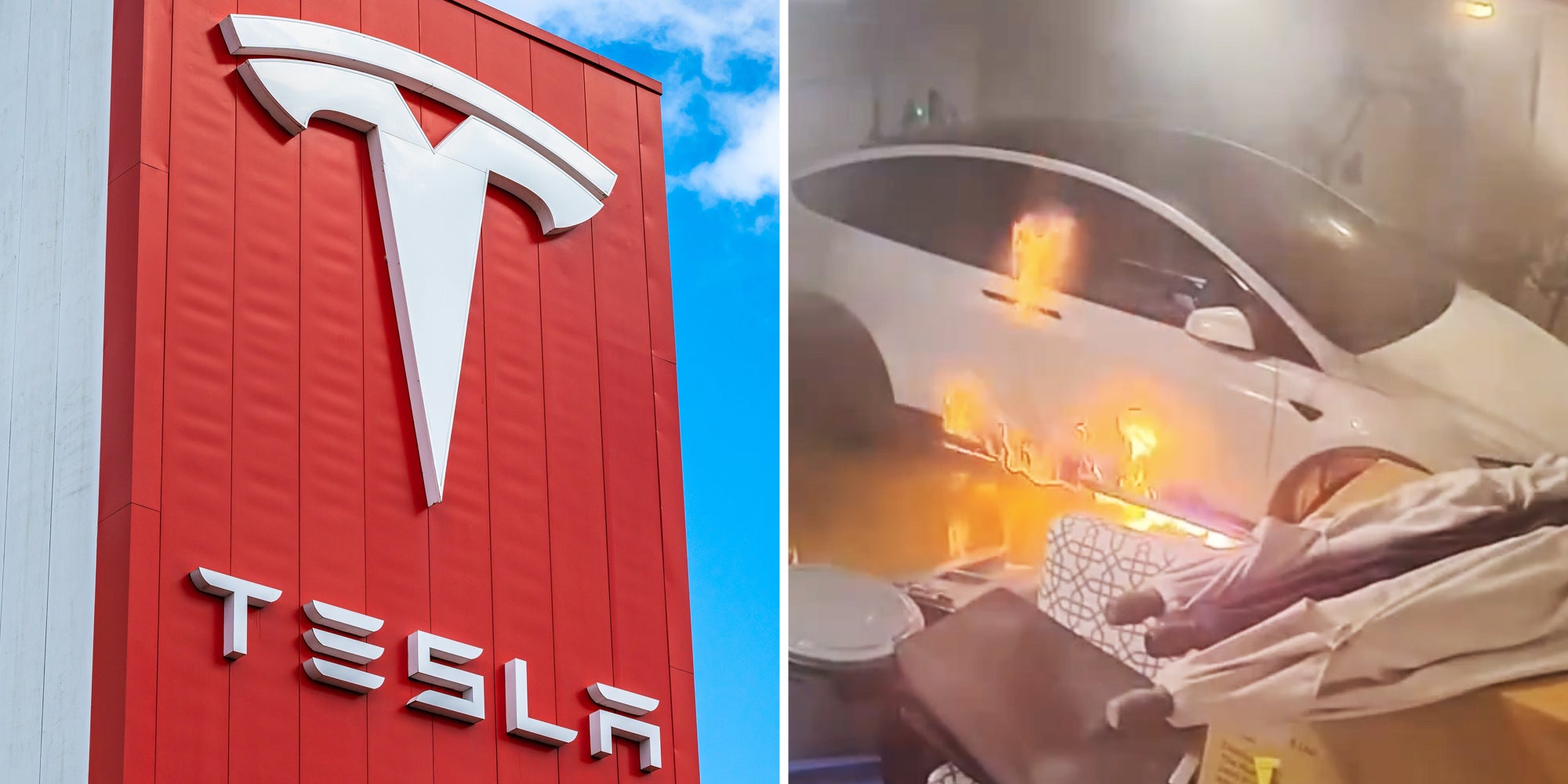 Tesla sign(l), Tesla inside garage catching flames(r)