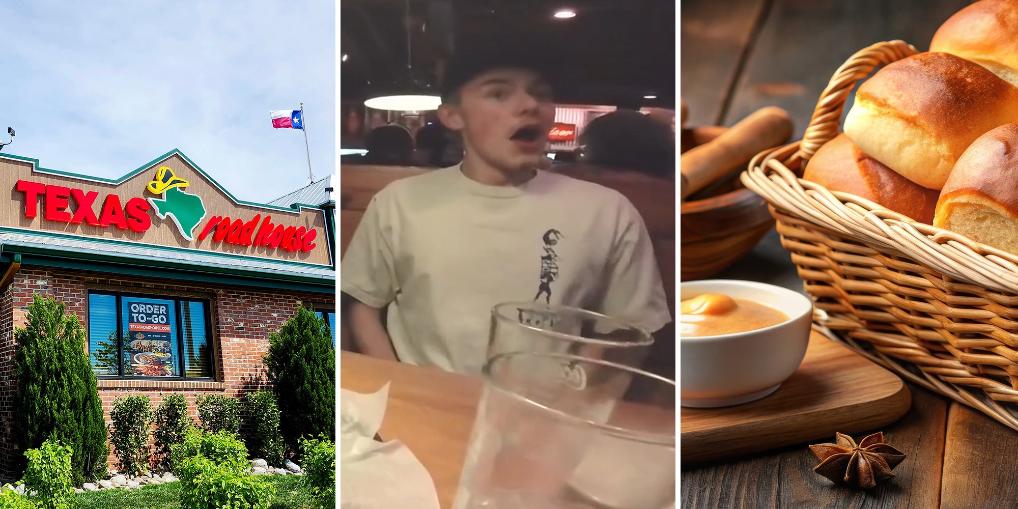 Texas Roadhouse Restaurant(l) Texas Road House customer shocked(c) Texas Road house Bread Rolls with butter(r)