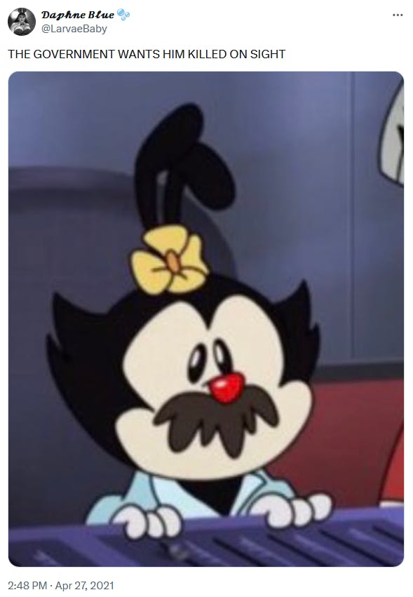 The government wants him killed on sight meme featuring Dot from The Animaniacs with a fake mustache.