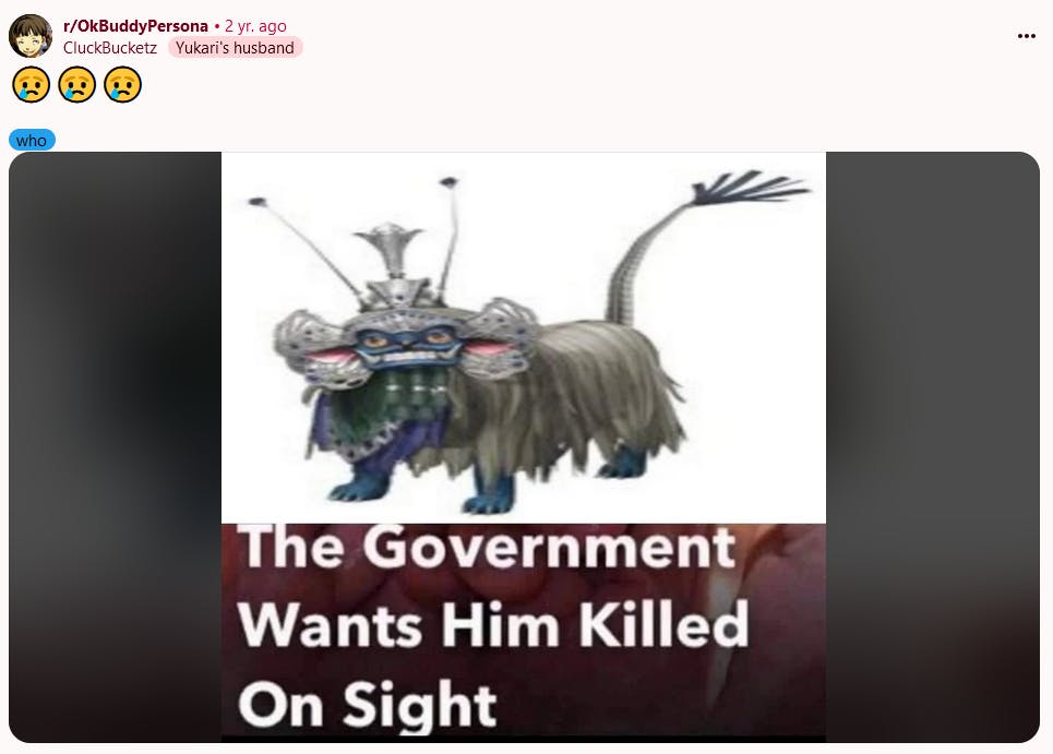 The government wants him killed on sight meme featuring Barong from Persona 3.