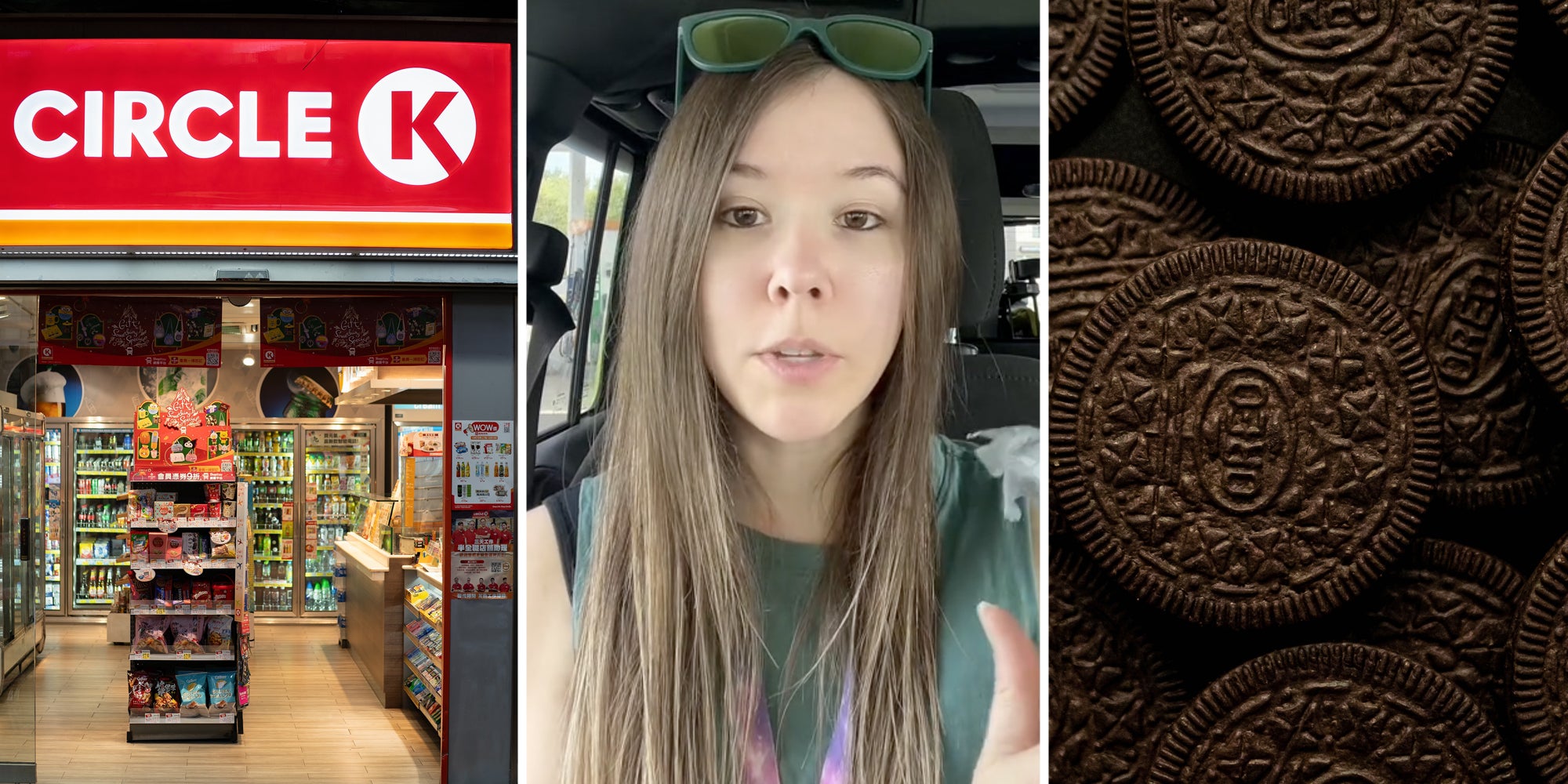 Circle K shop(l), Woman talking(c), Oreos(r)