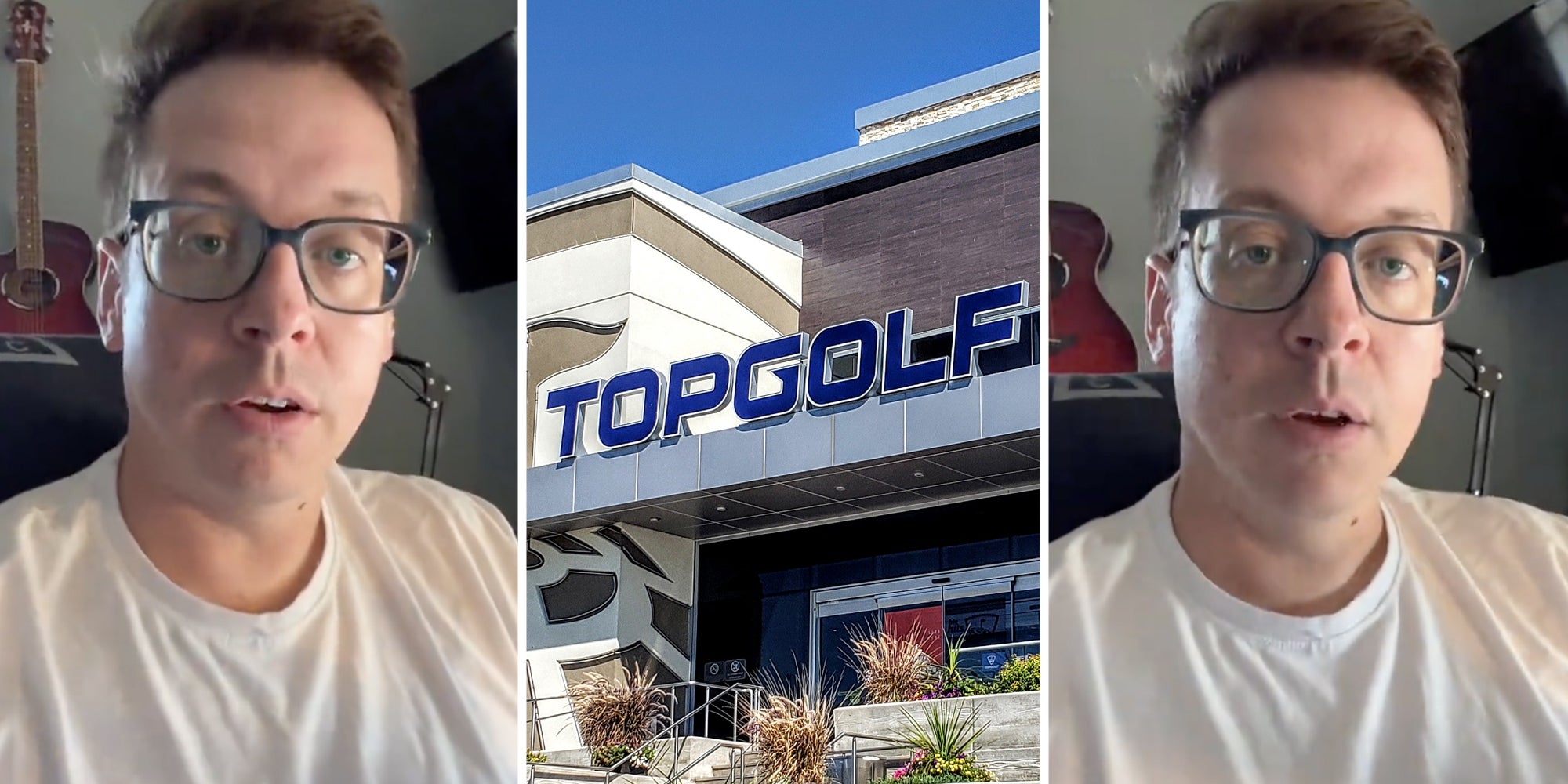Man talking(l+r), TopGolf storefront(c)
