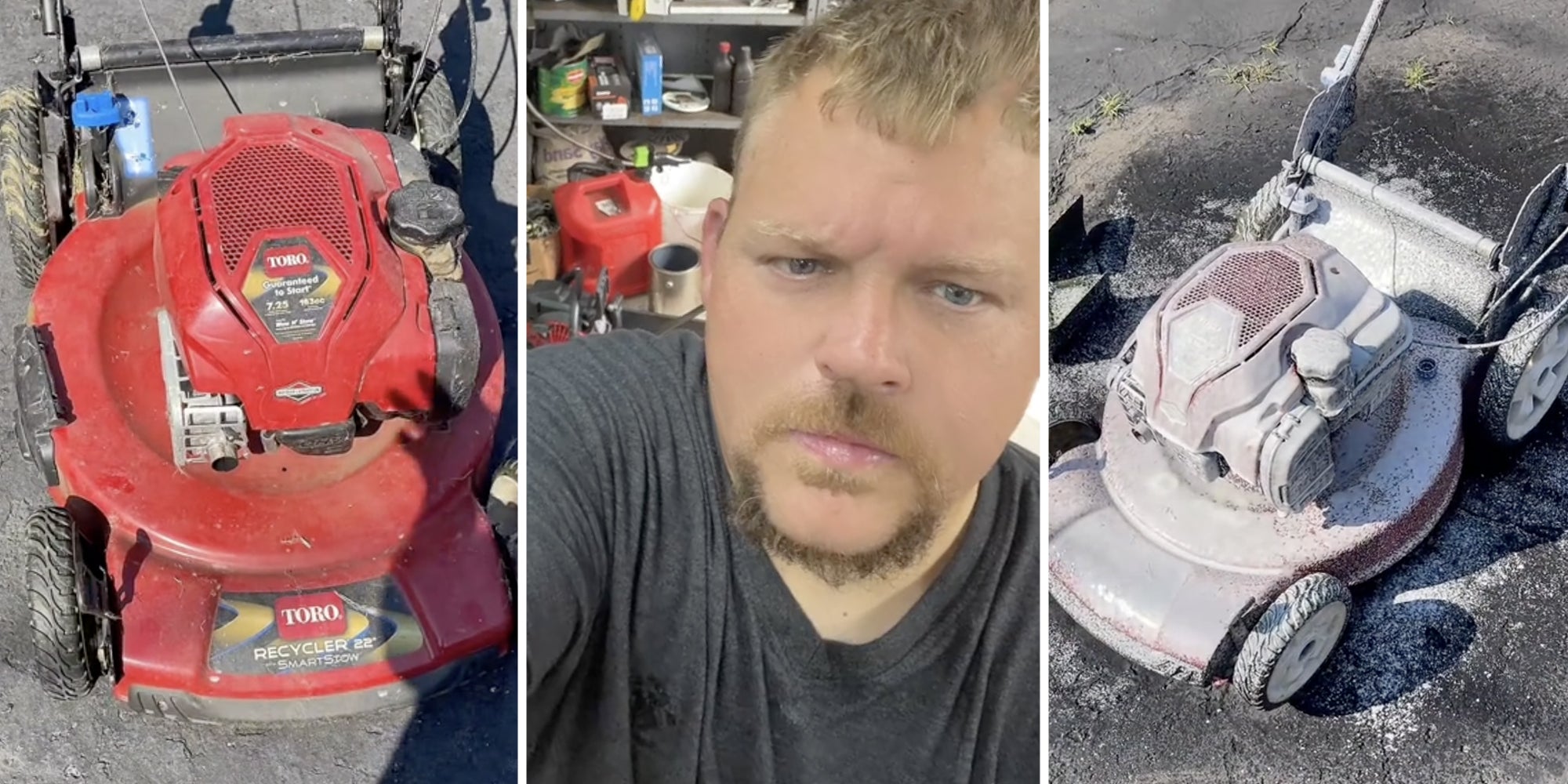 Dirty Toro lawn mower(l), man looking at camera(c), Lawn Mower covered in cleaner(r)