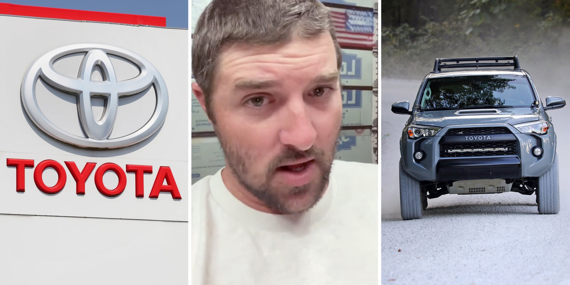 Toyota sign(l), Man talking(c), Toyota 4Runner(r)