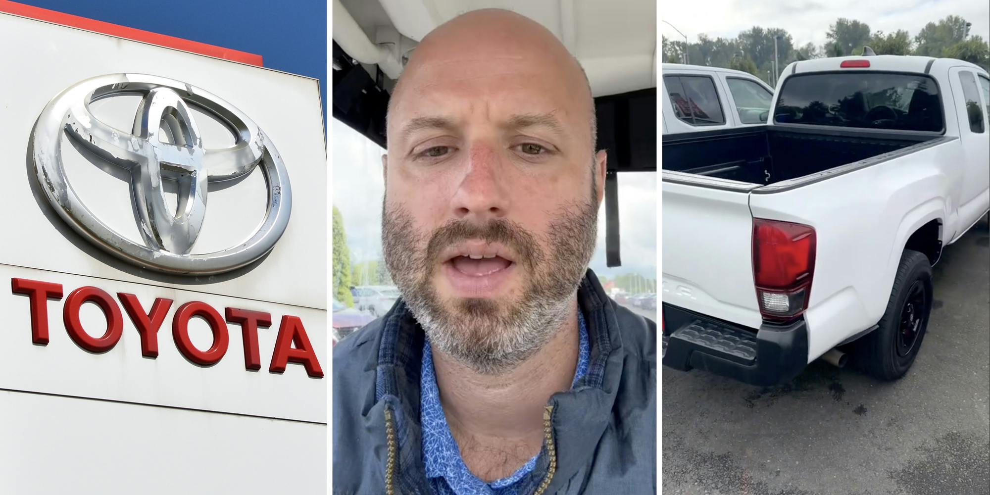 Toyota sign(l), man talking(c), Back of Toyota Tacoma truck(r)