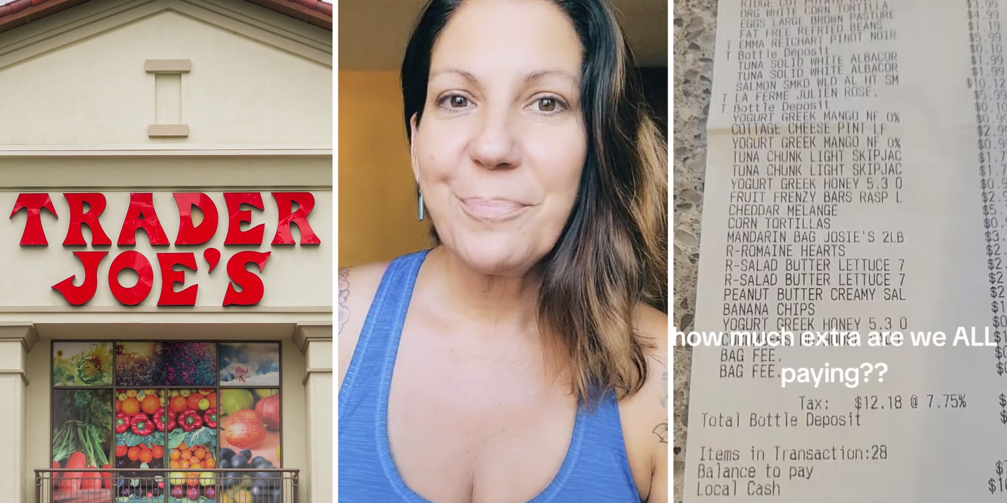 Trader Joe's storefront(l), Woman talking(c), Receipt(r)