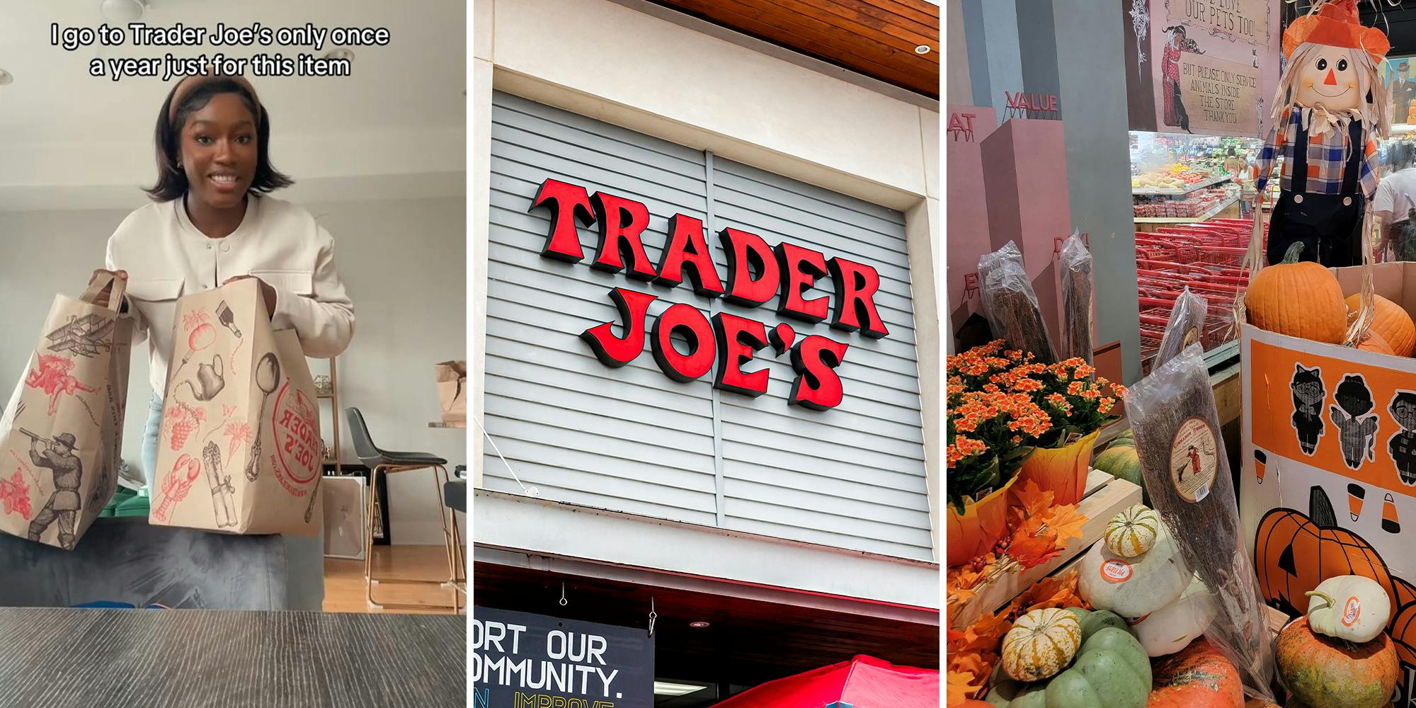 woman holding up trader joes bags(l) Trader Joes Store Front(c) October merch at trader joes(r)