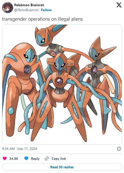 deoxys from pokemon with caption 'transgender operations on illegal aliens'