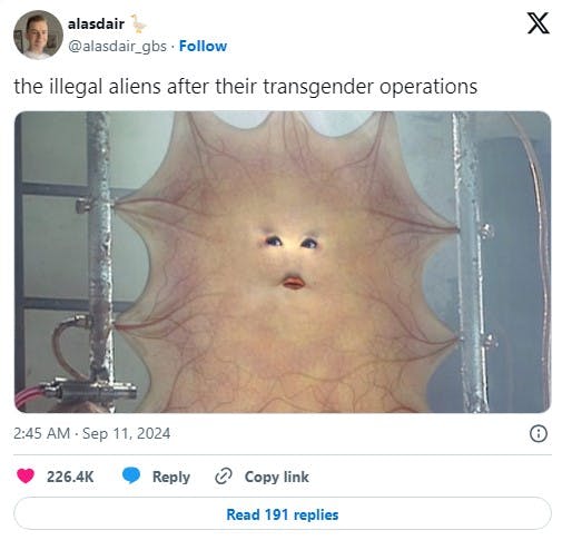 cassandra from dr who with the caption 'the illegal aliens after their transgender operations'