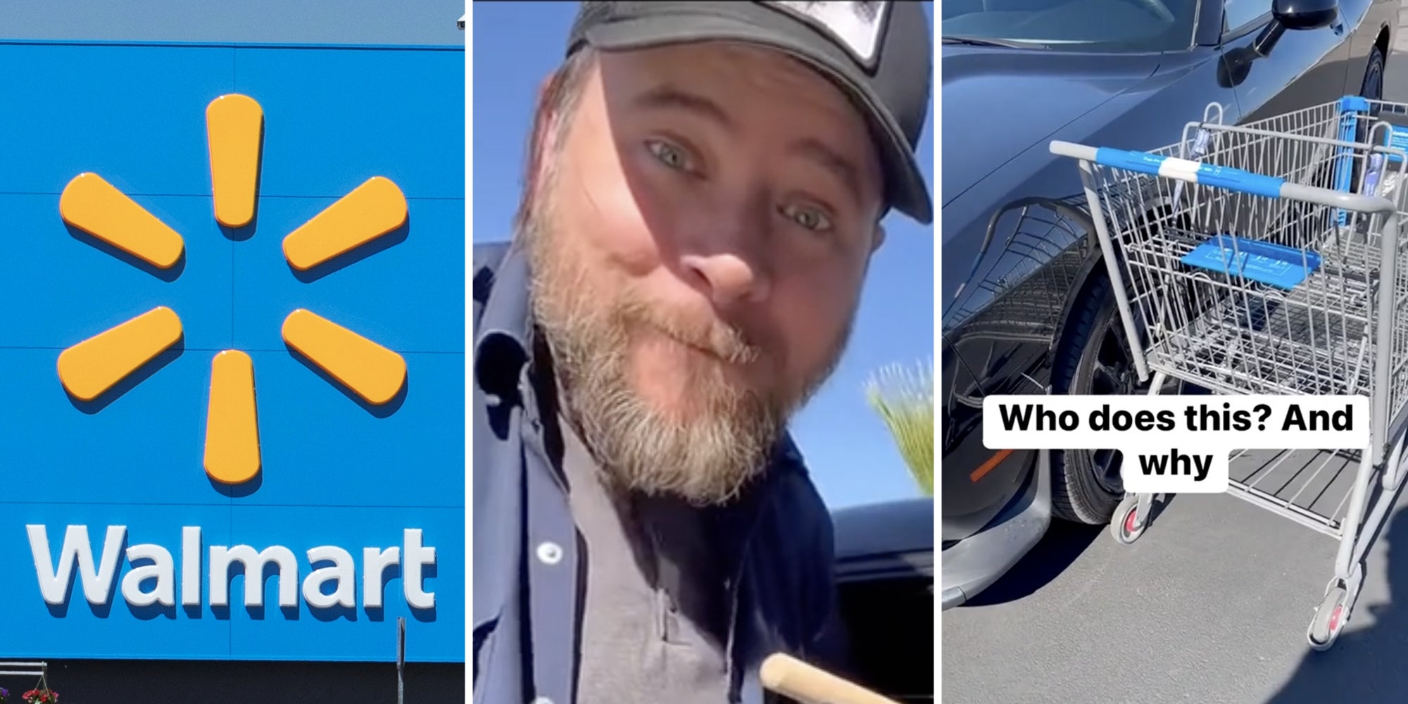 Walmart storefront(l), Man smiling(c), Cart near car with text that says 'Who does this? And Why'(r)