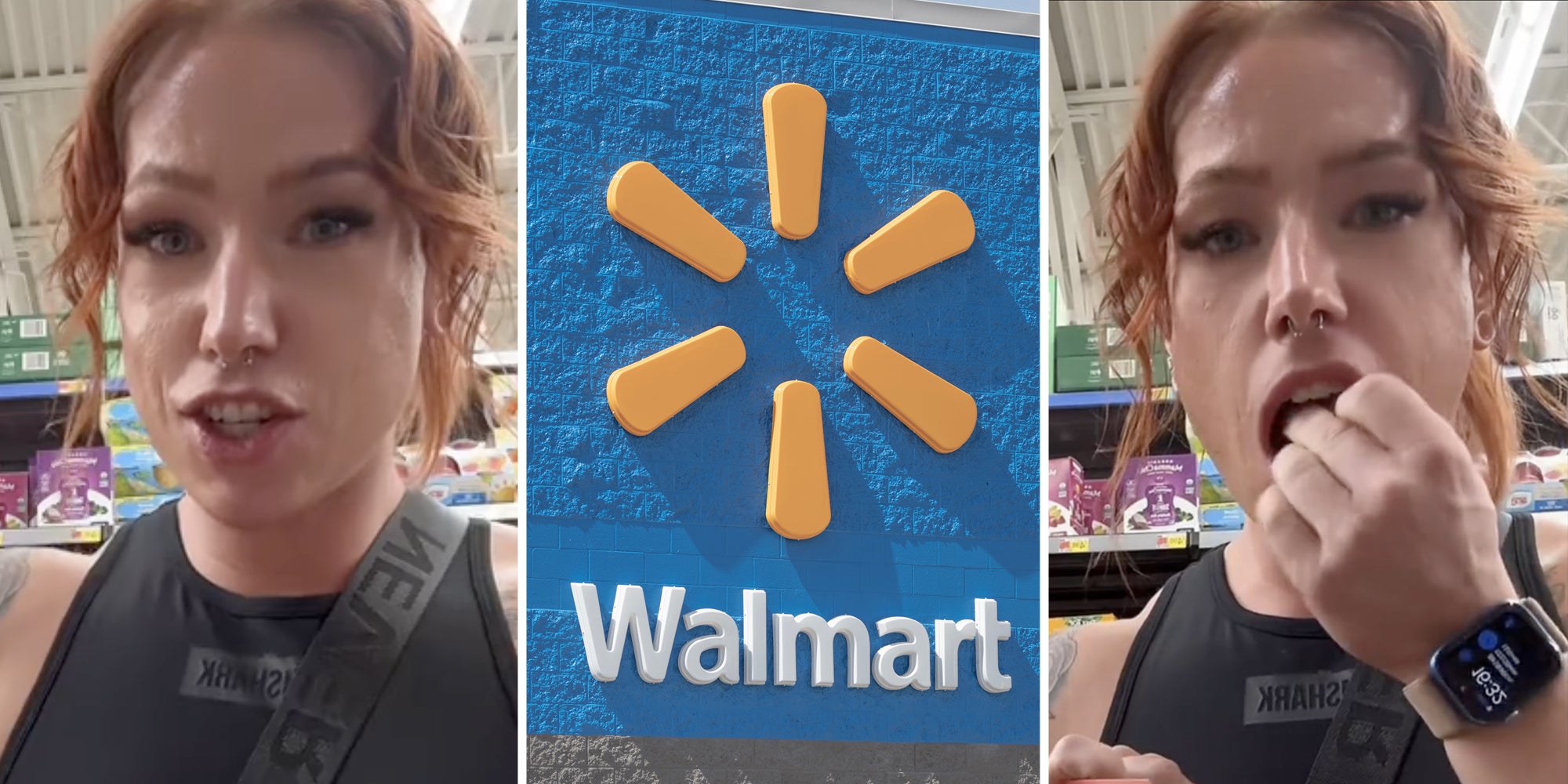 Woman talking(l), Walmart sign(c), Woman putting food in her mouth(r)