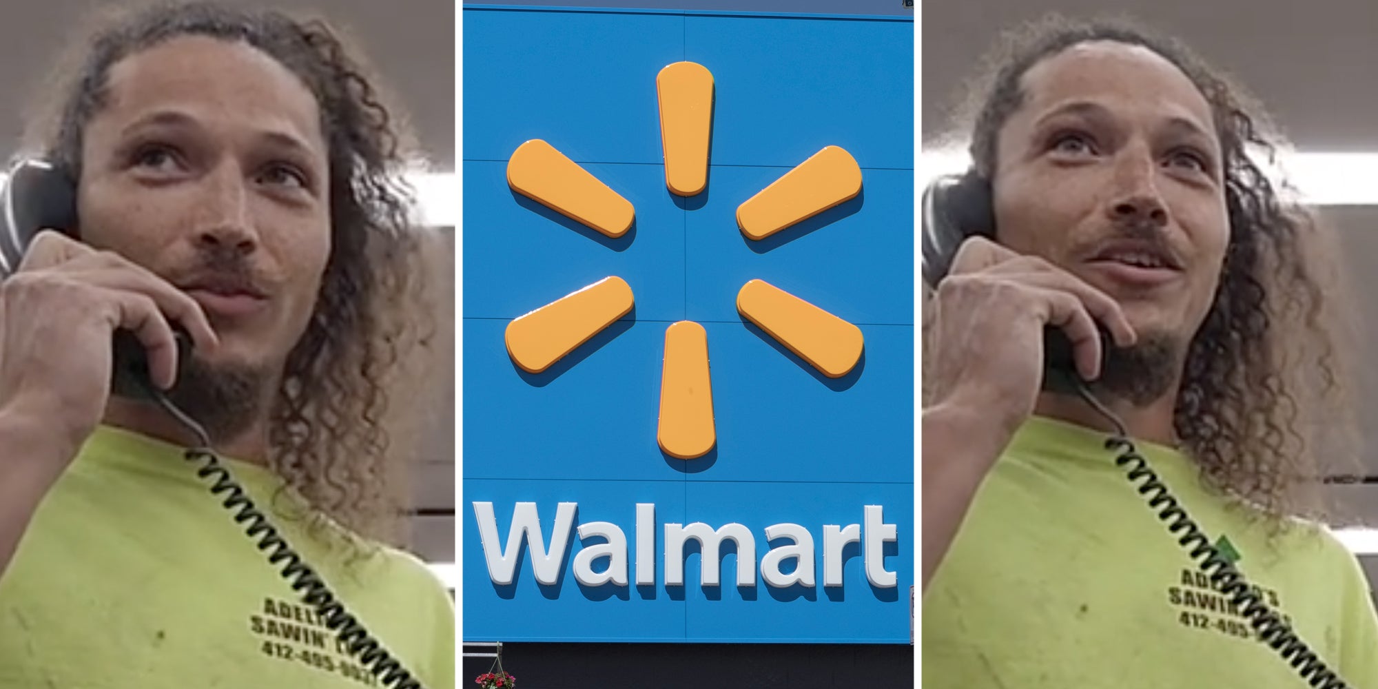 Man on phone(l+r), Walmart logo(c)